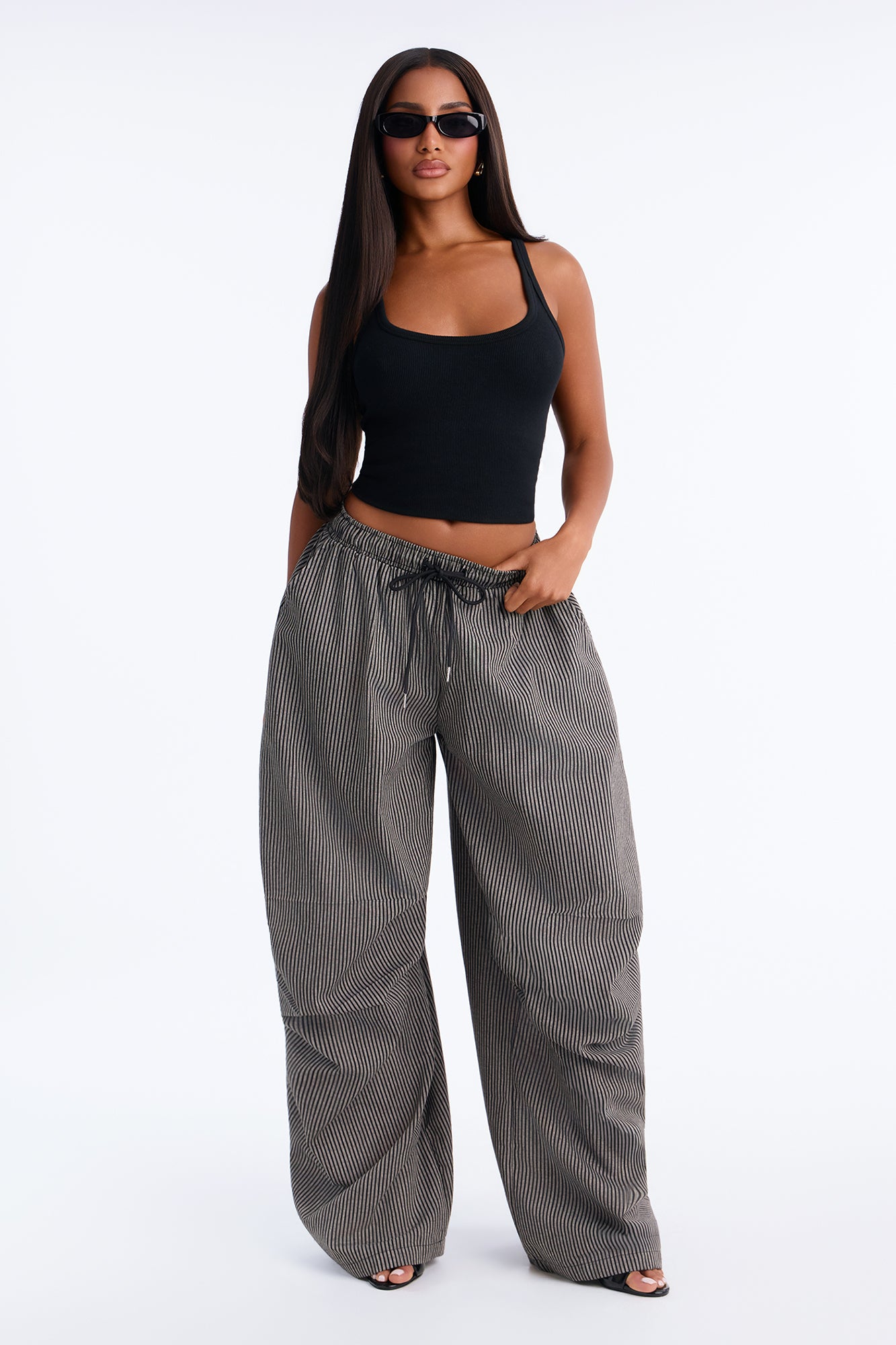 Piper Pinstripe Twill Leg Drawstring Pant - Black/combo