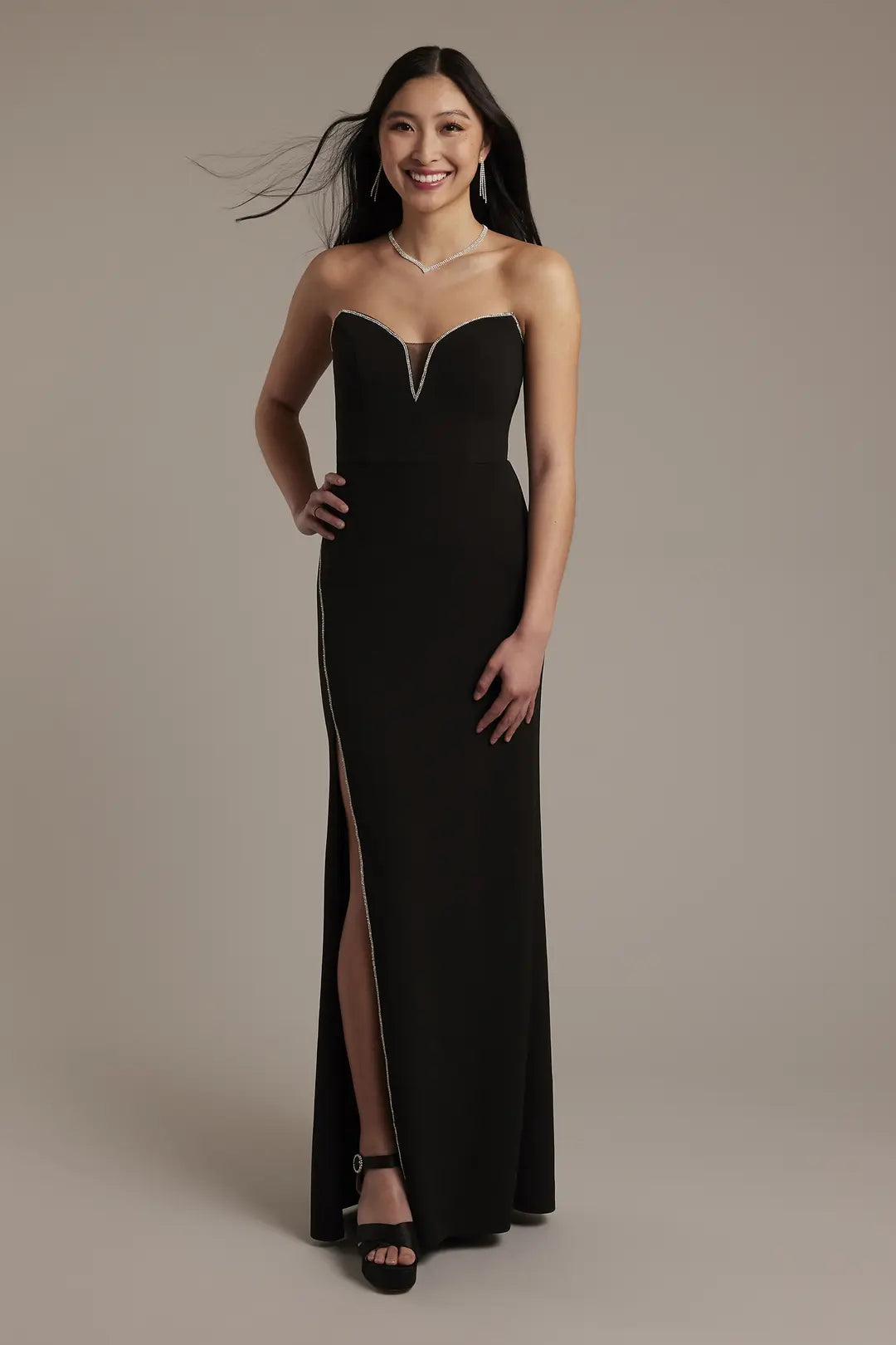 Strapless Crepe Sheath Dress with Rhinestones