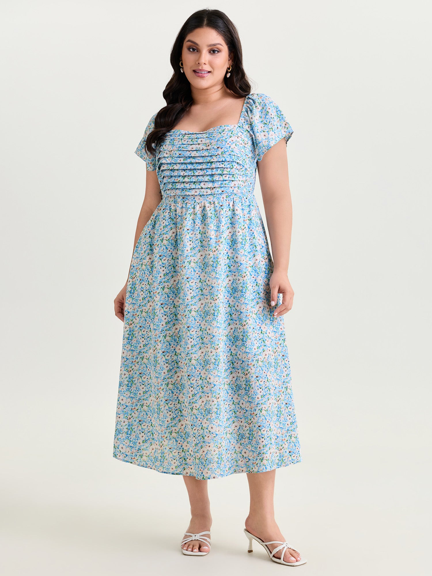 Floral Print Square Neckline Pleated Midi Dress