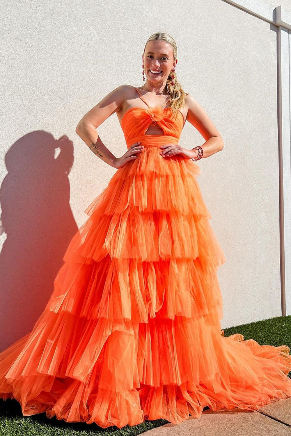 Long A-Line Prom Dress in Orange with Halter Neck and Tiered Tulle