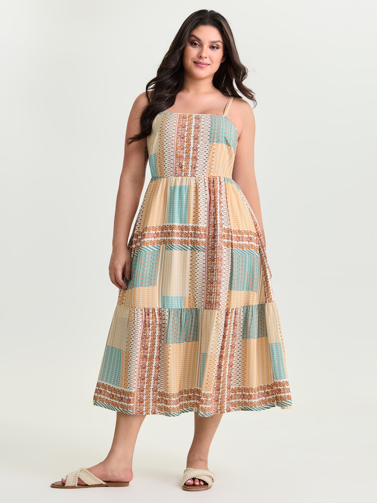 Colorblock Print Tiered Cami Midi Dress