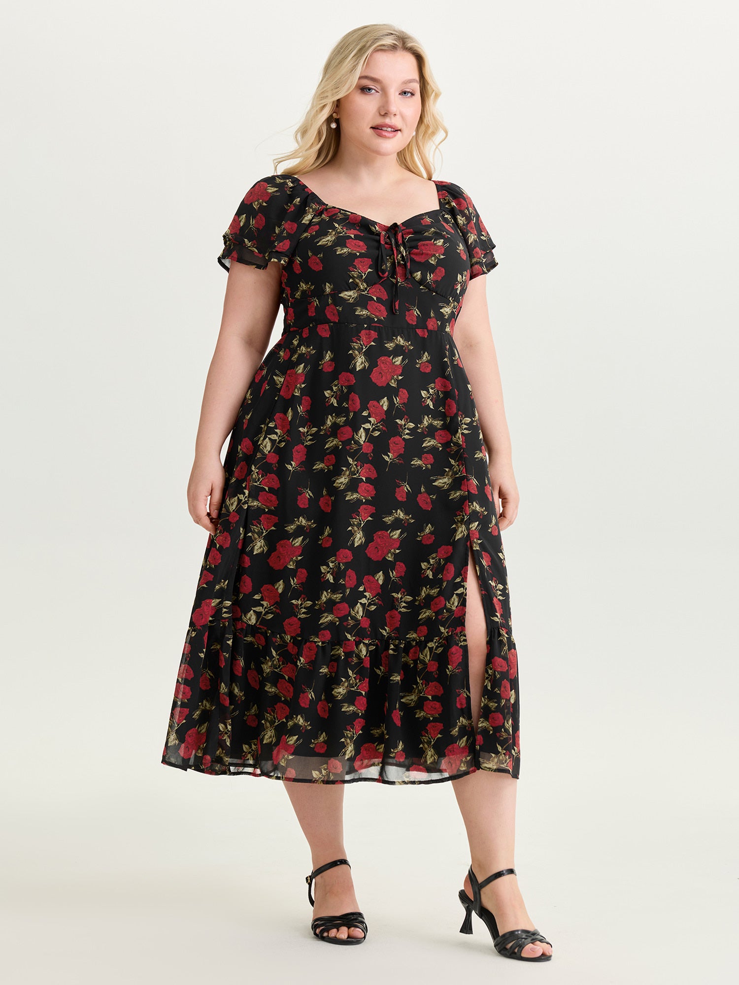 Rose Print Bustier Drawstring Midi Dress