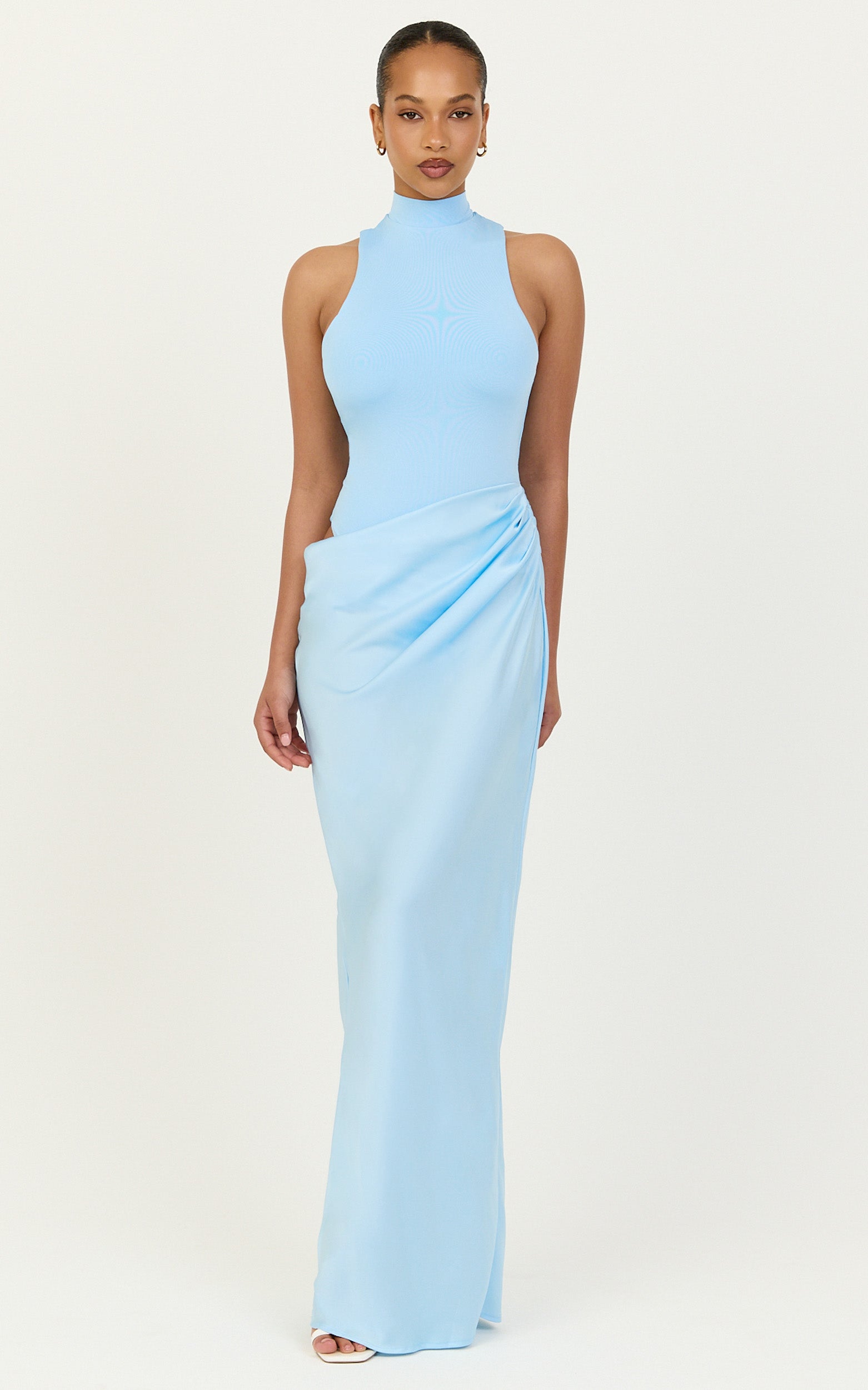 Elodie Maxi Dress - High Neck Draped Overlay Dress in Light Blue
