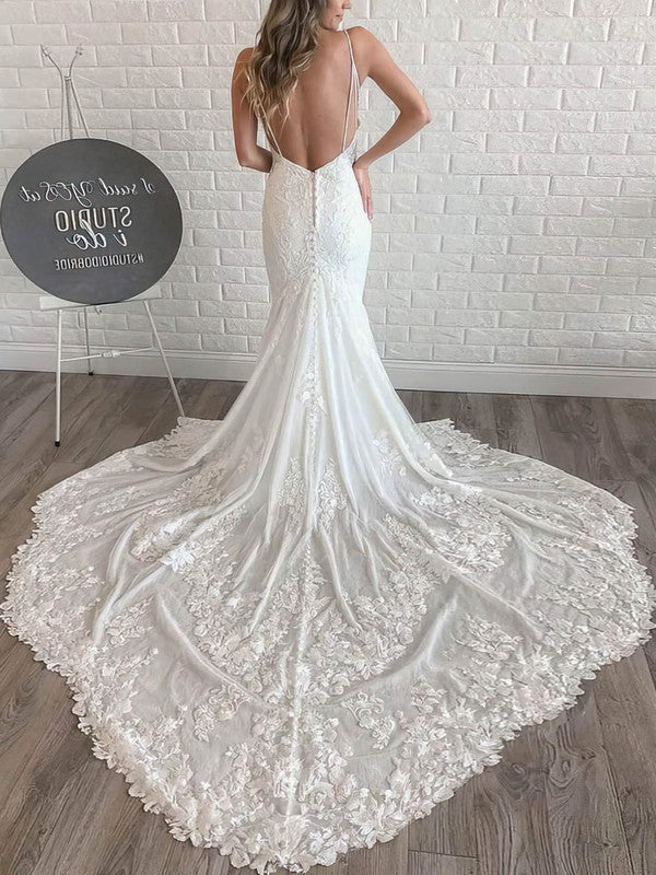 Chic Deep V-Neck Spaghetti Straps Backless Chapel Train Lace Mermaid Wedding Dresses