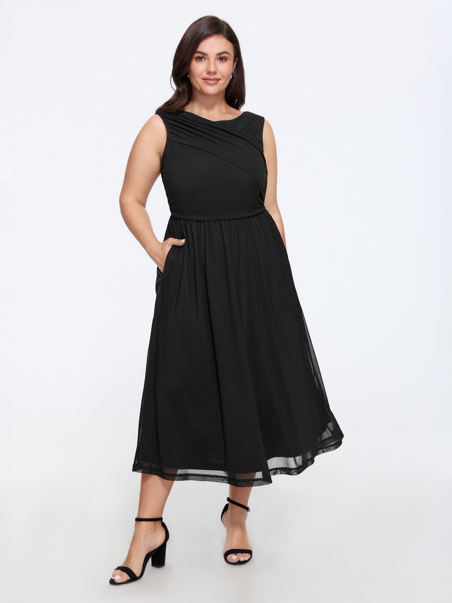 Solid Sleeveless Round Neck Mesh Midi Dress