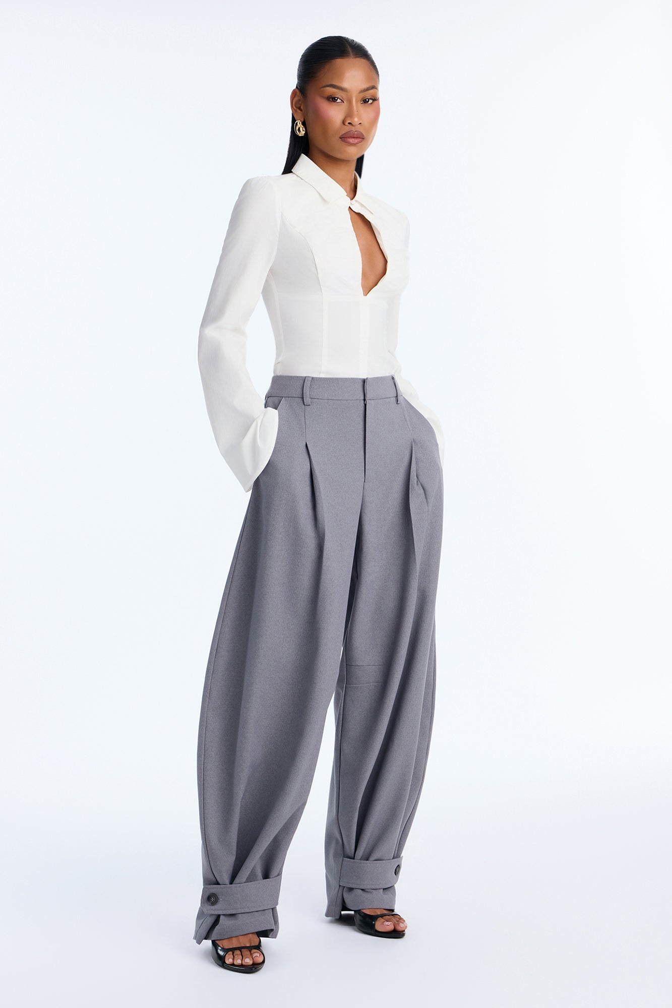 Clementine Ankle Tab Barrel Leg Trouser - Grey