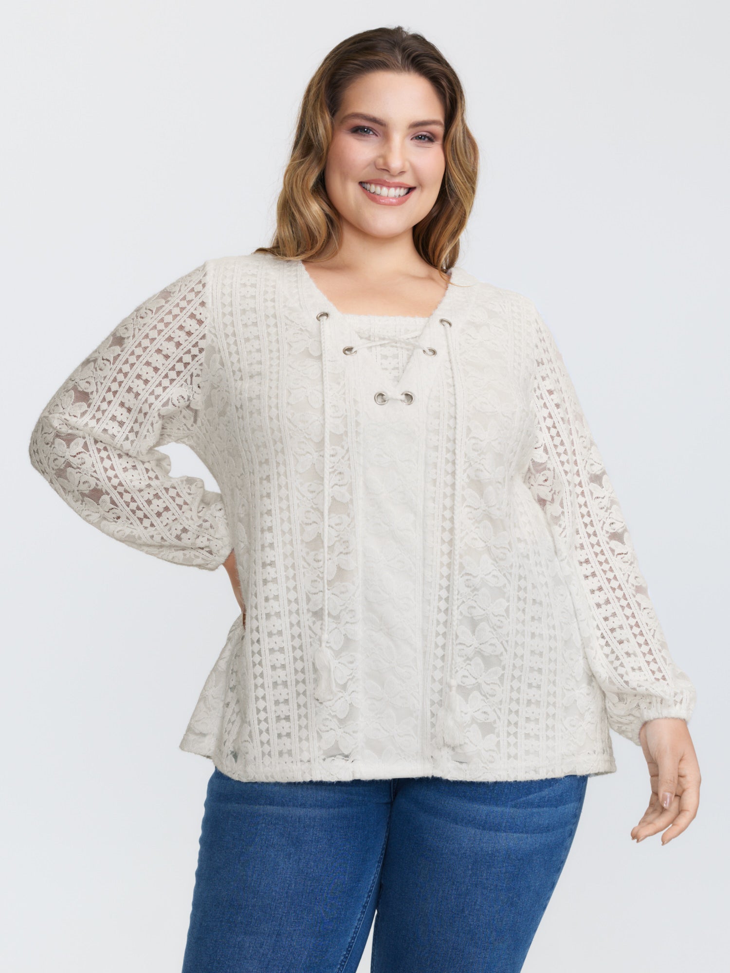 Textured Lace Neck Tie-Up Blouse