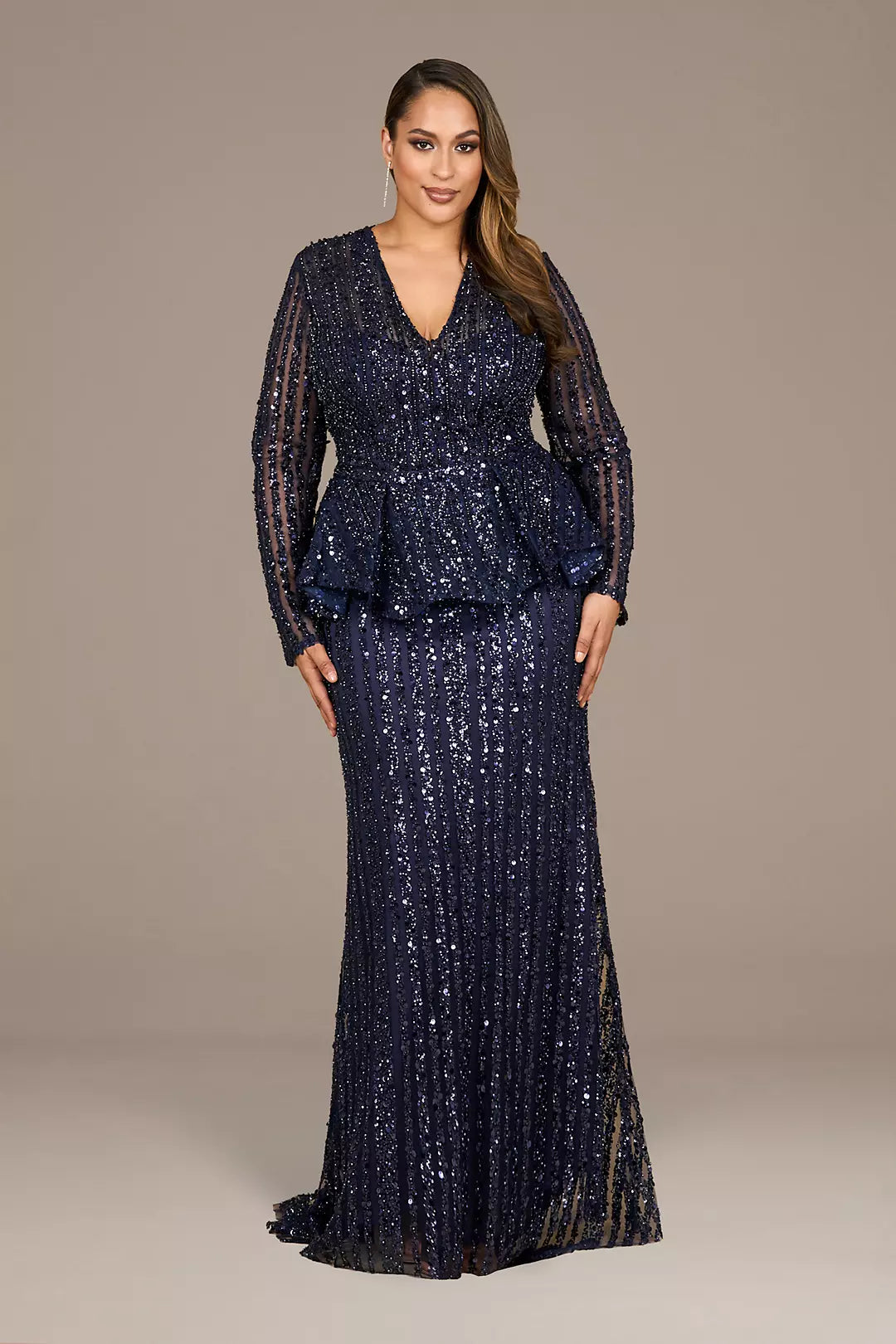 Long Sleeve Beaded Peplum Dress
