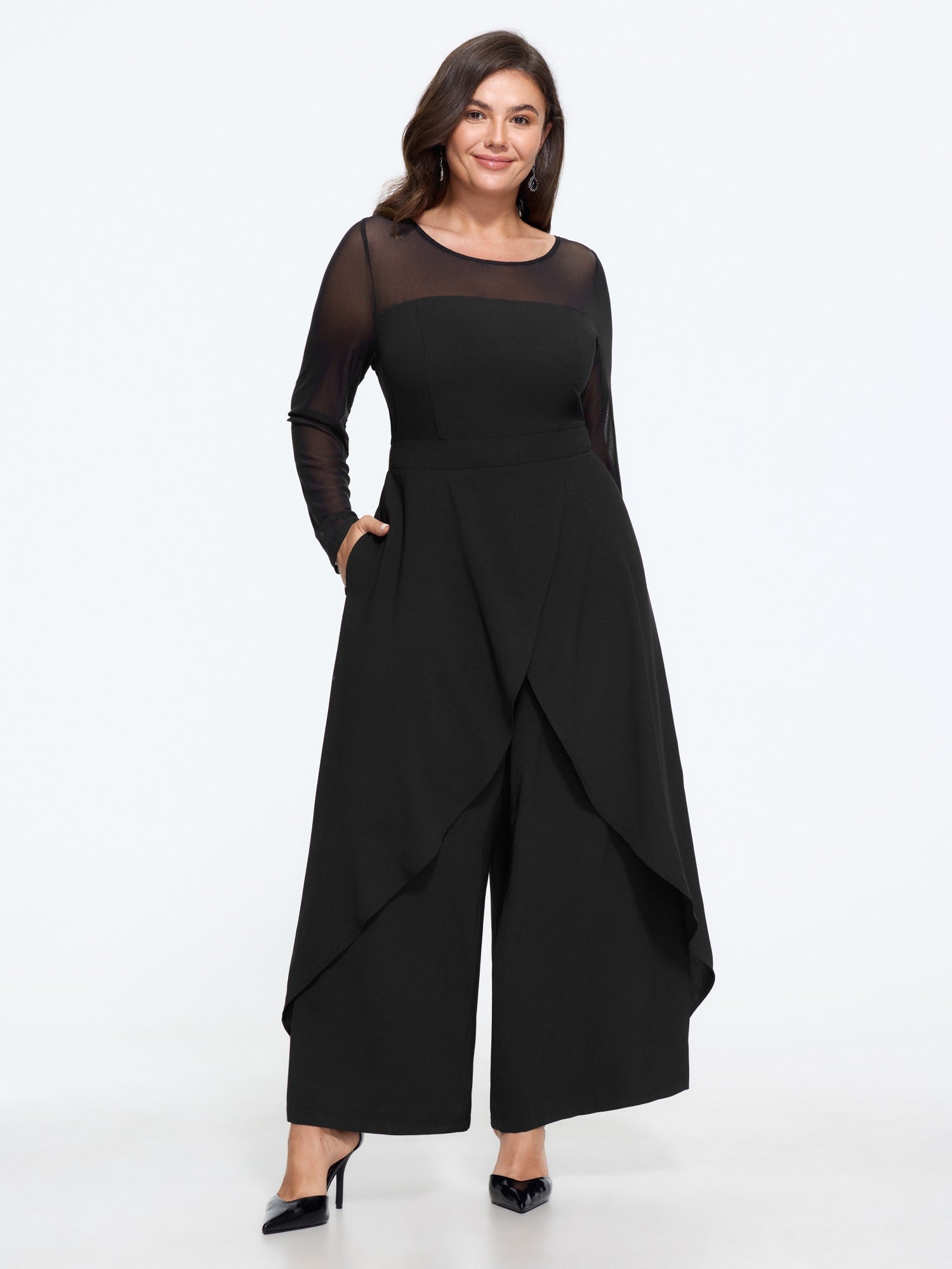 Mesh Sheer Pocket Skirt‑Like Wide Leg Jumpsuit