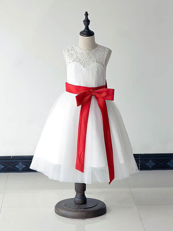 Fabulous A-Line Jewel Sleeveless Lace Tulle Flower Girl Dresses with Sash