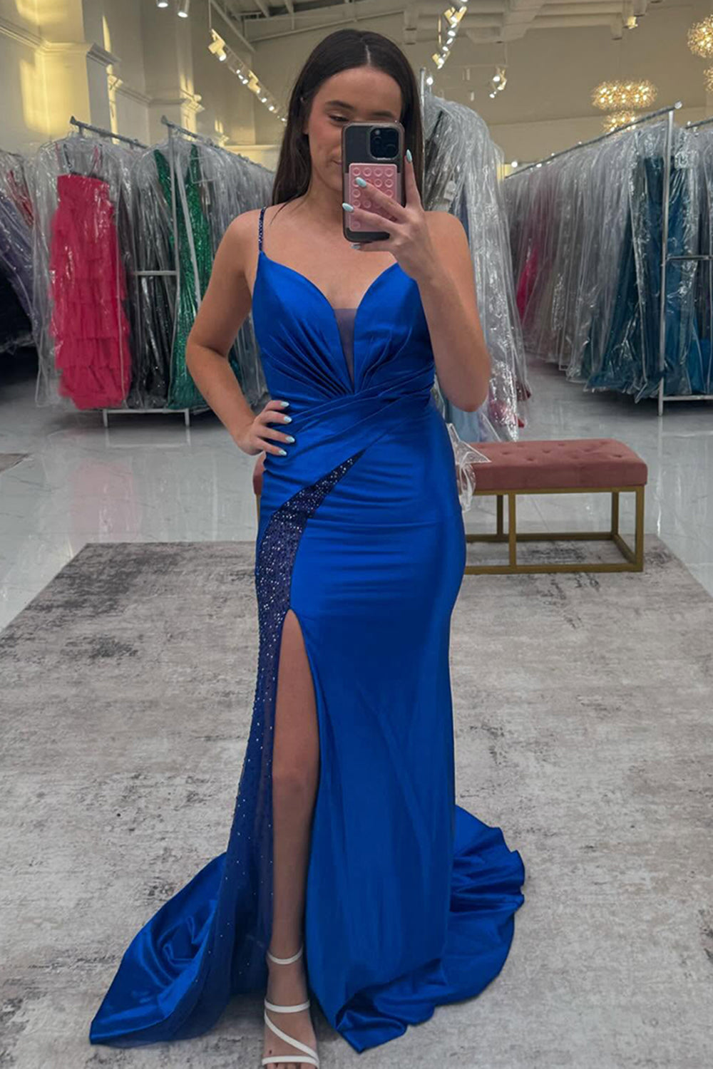 Long Royal Blue Prom Dress in Satin with Spaghetti Straps Backless Design and Slit