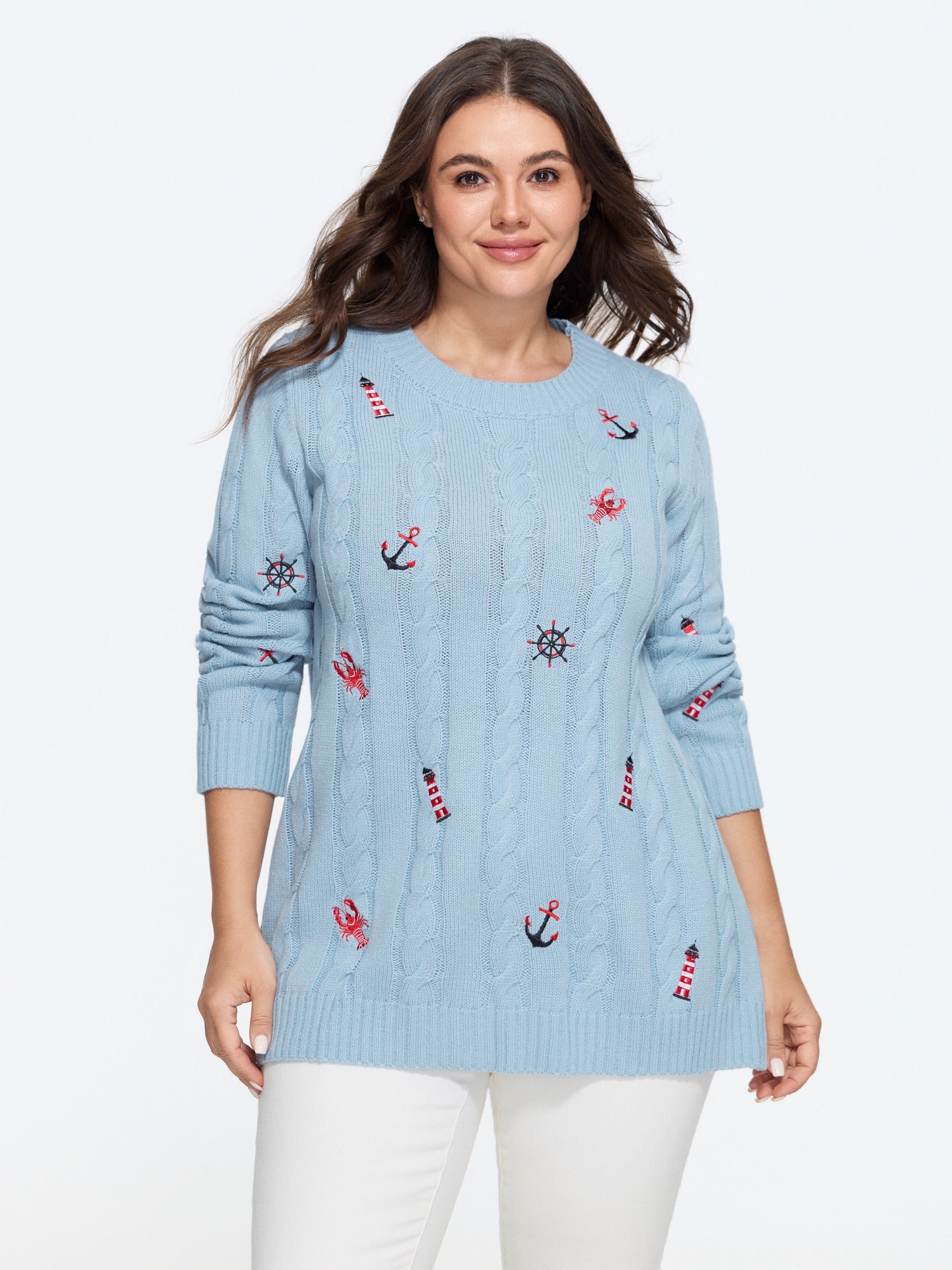 Nautical Embroidery Round Neck Cable Knit Pullover