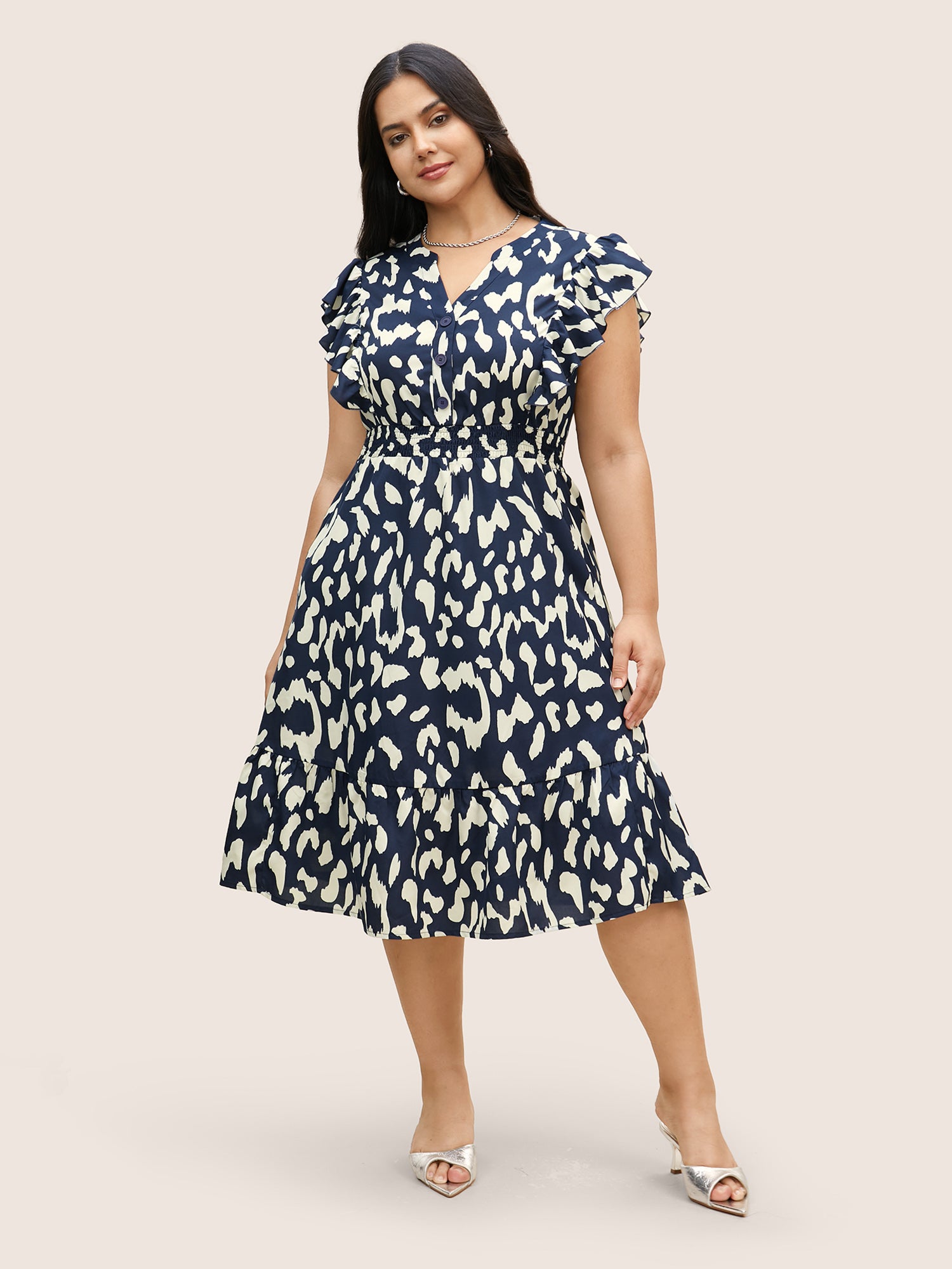 Notched Leopard Print Cap Sleeve Ruffles Dress