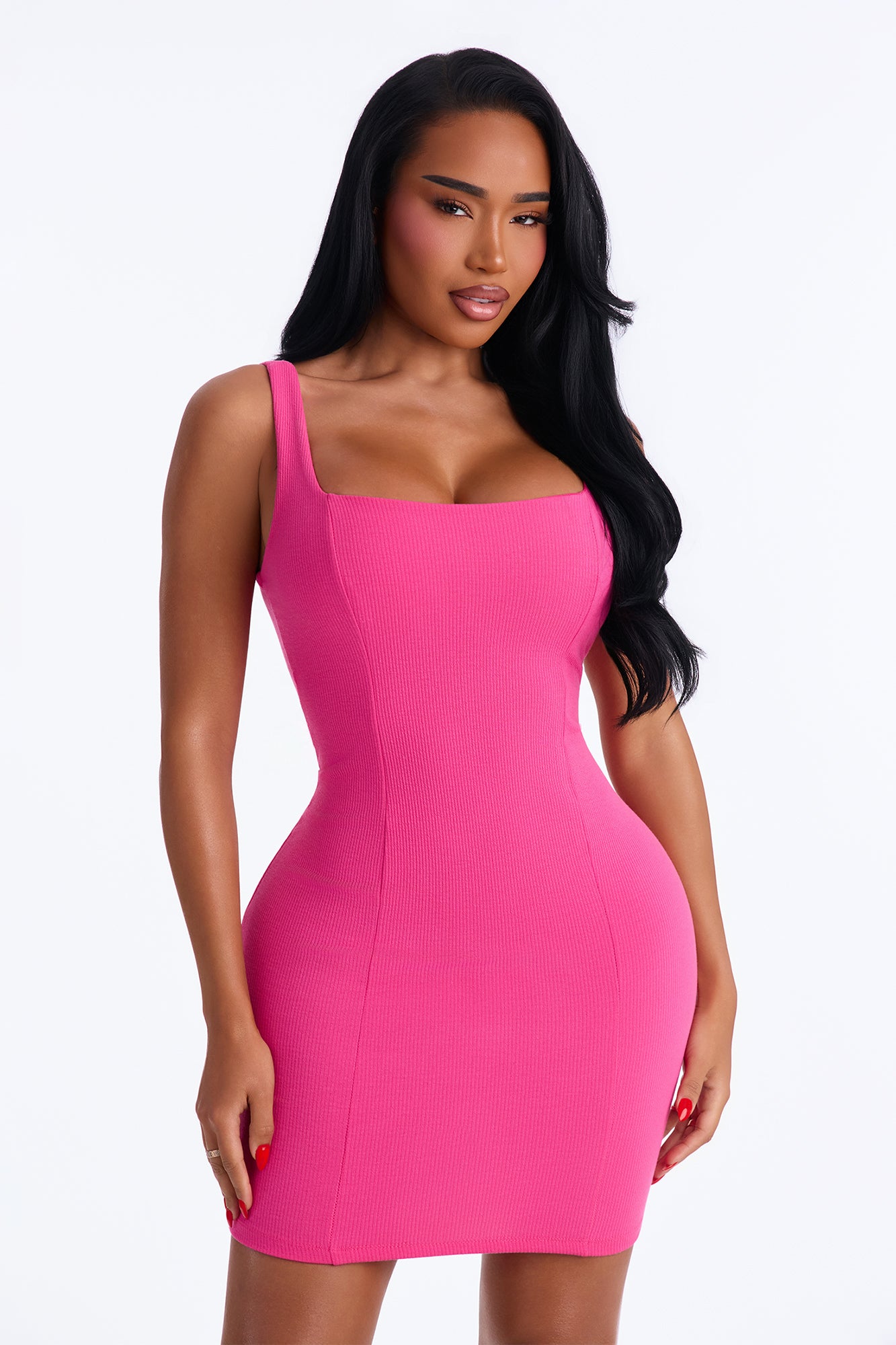 Tara Ribbed Square Neck Mini Dress - Fuchsia