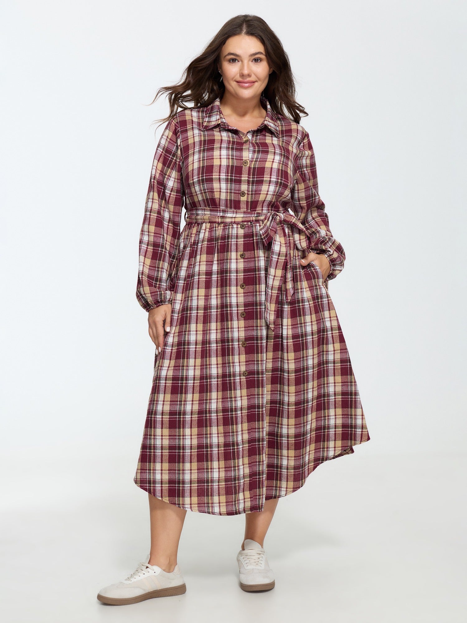 Plaid Button Detail Pocket Belted Arc Hem Midi Dress