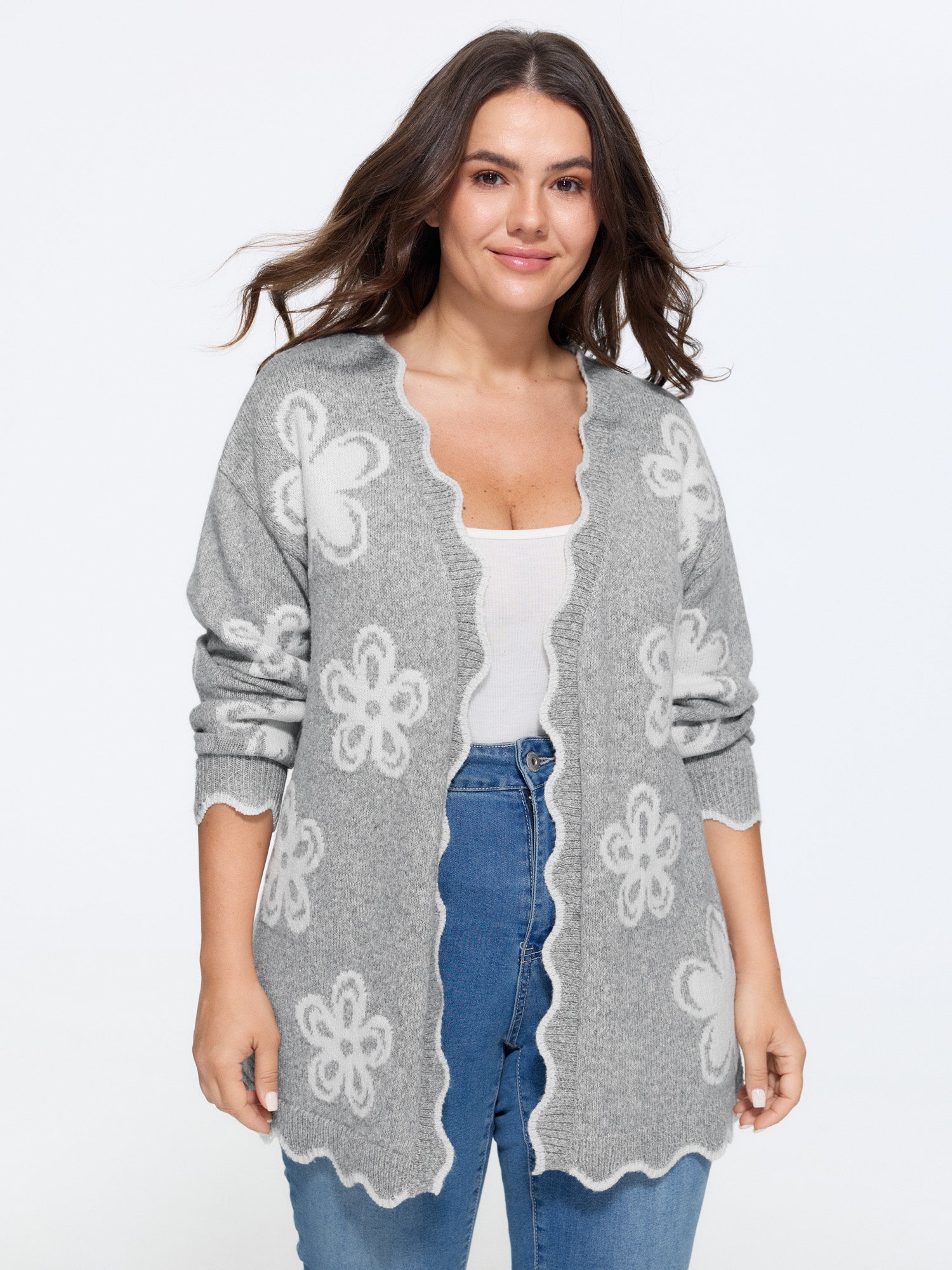 Floral Pattern Scalloped Hem Knit Cardian