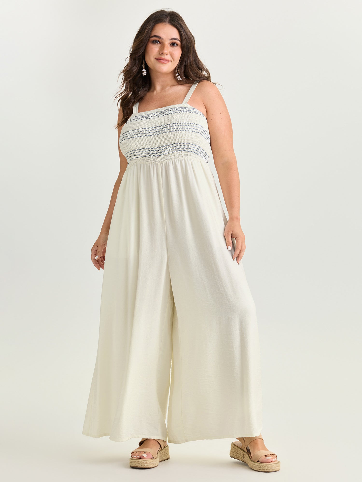 Shirred Sleeveless Wide Leg Jumpsuit