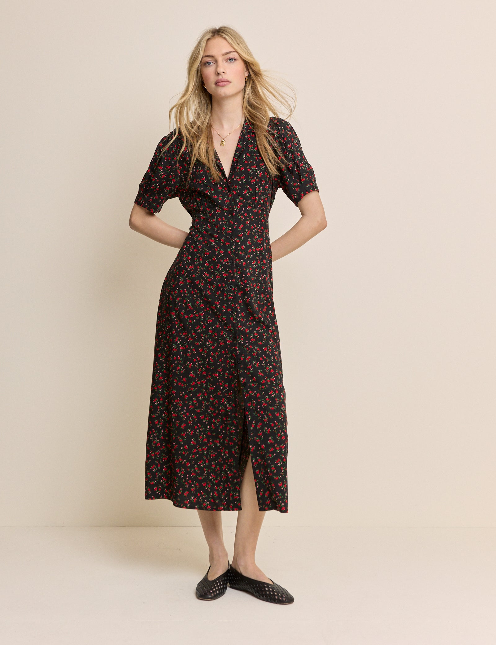 Black Floral Collared Chrissy Midi Dress