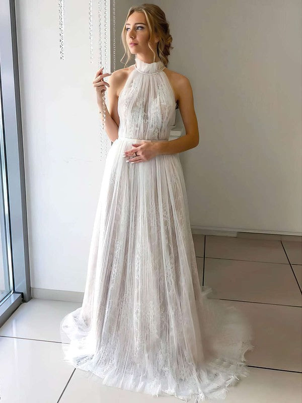 Deluxe A-Line High Neck Sleeveless Lace Tulle Wedding Dresses with Sash