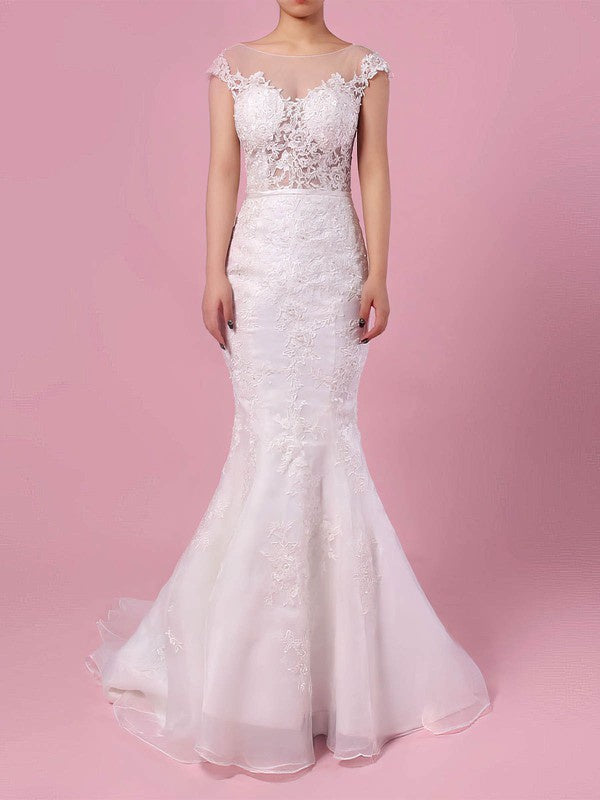 Charming Mermaid Crew Backless Lace Wedding Dresses with Court Train