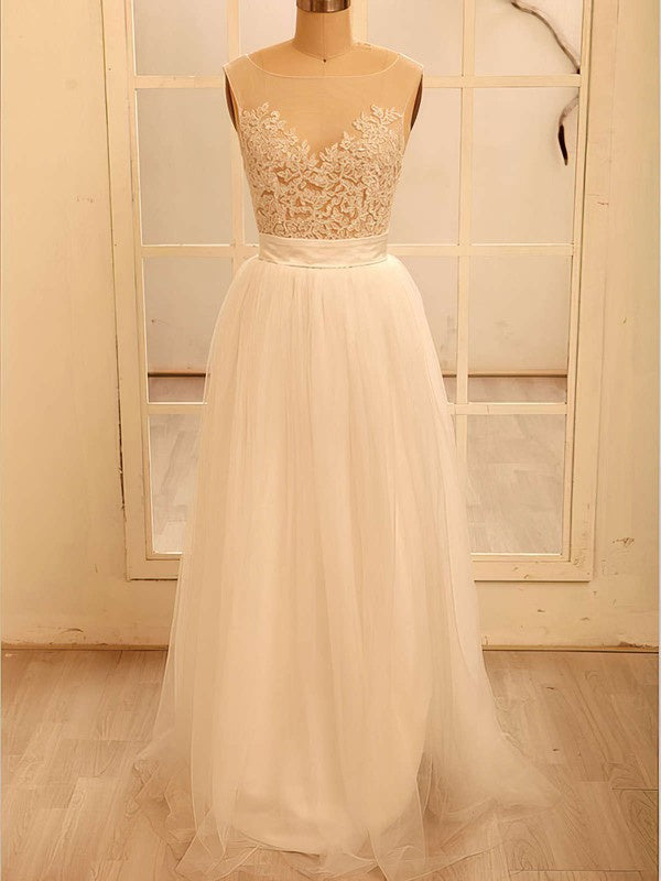 Charming A-Line Bateau Sleeveless Satin Tulle Wedding Dresses