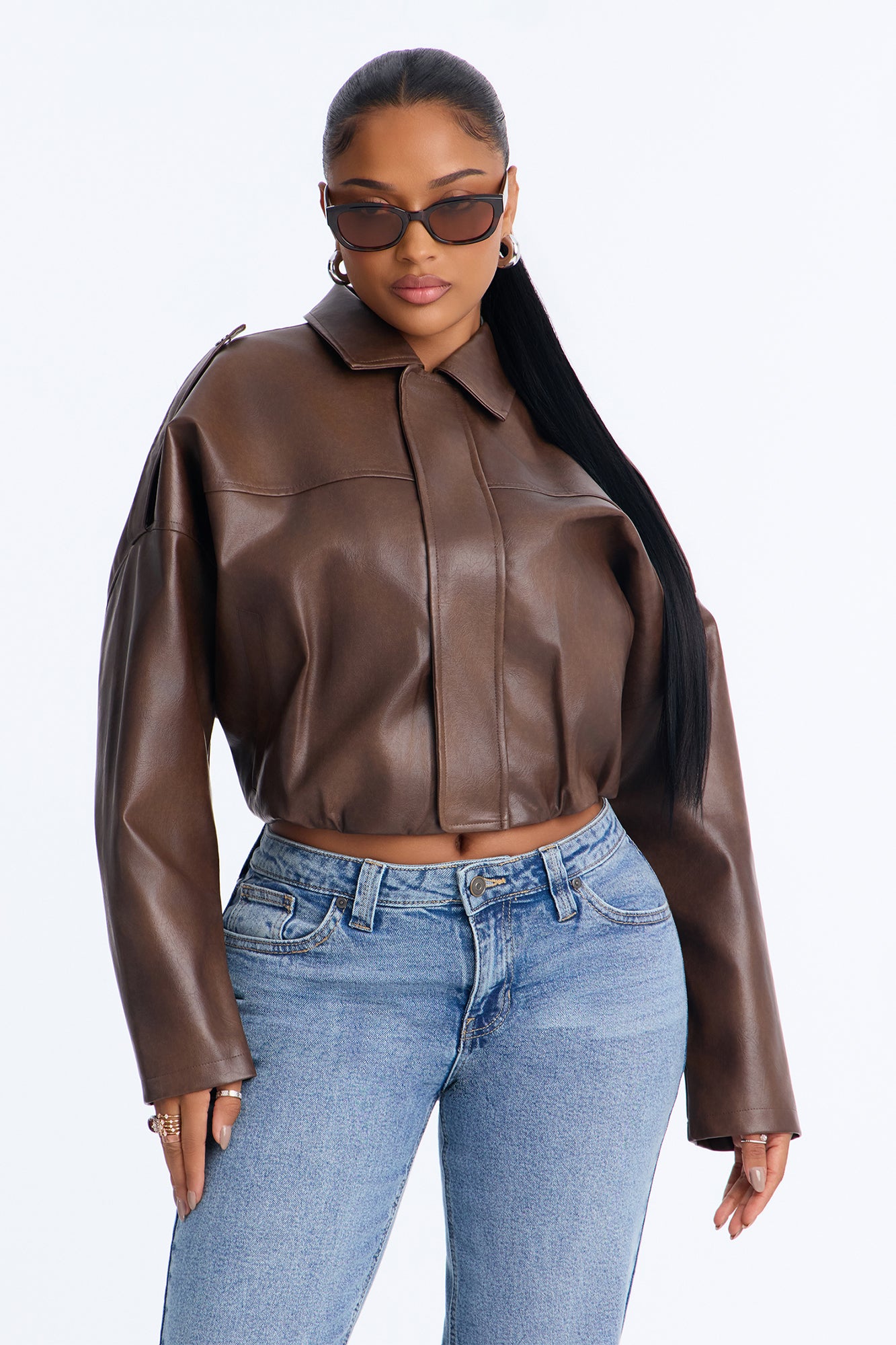 Chelsea Washed Faux Leather Bubble Jacket - Brown