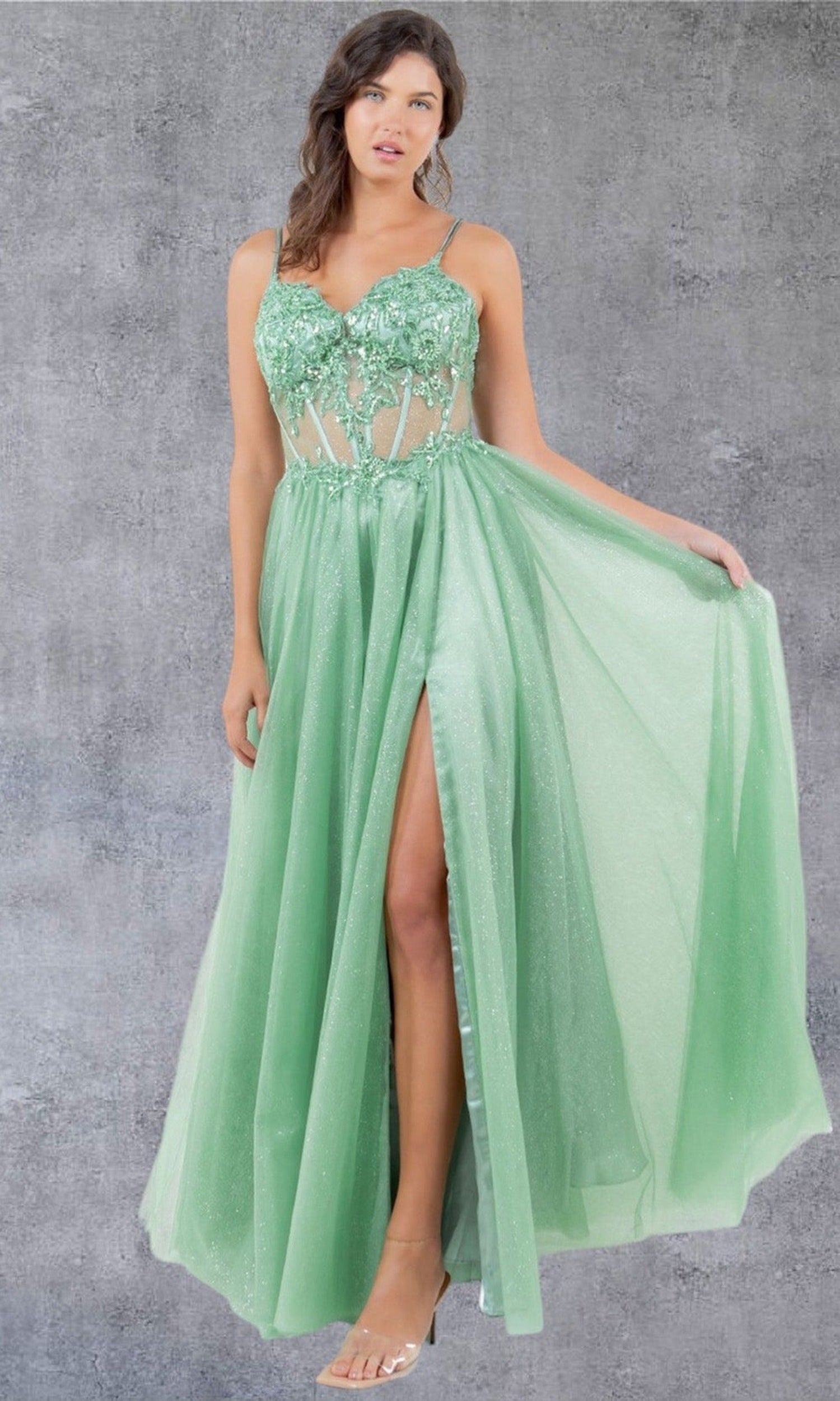 Cinderella Couture 8238J - V-Neckline Lace Appliqued Evening Gown