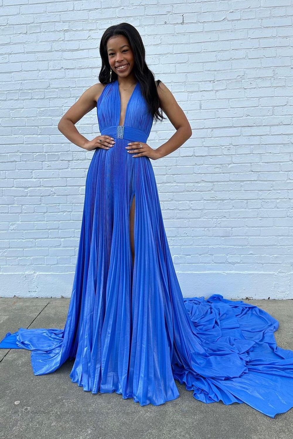 Metallic Blue Pleated Long Prom Dress with Halter Neck and Slit in A-Line Style