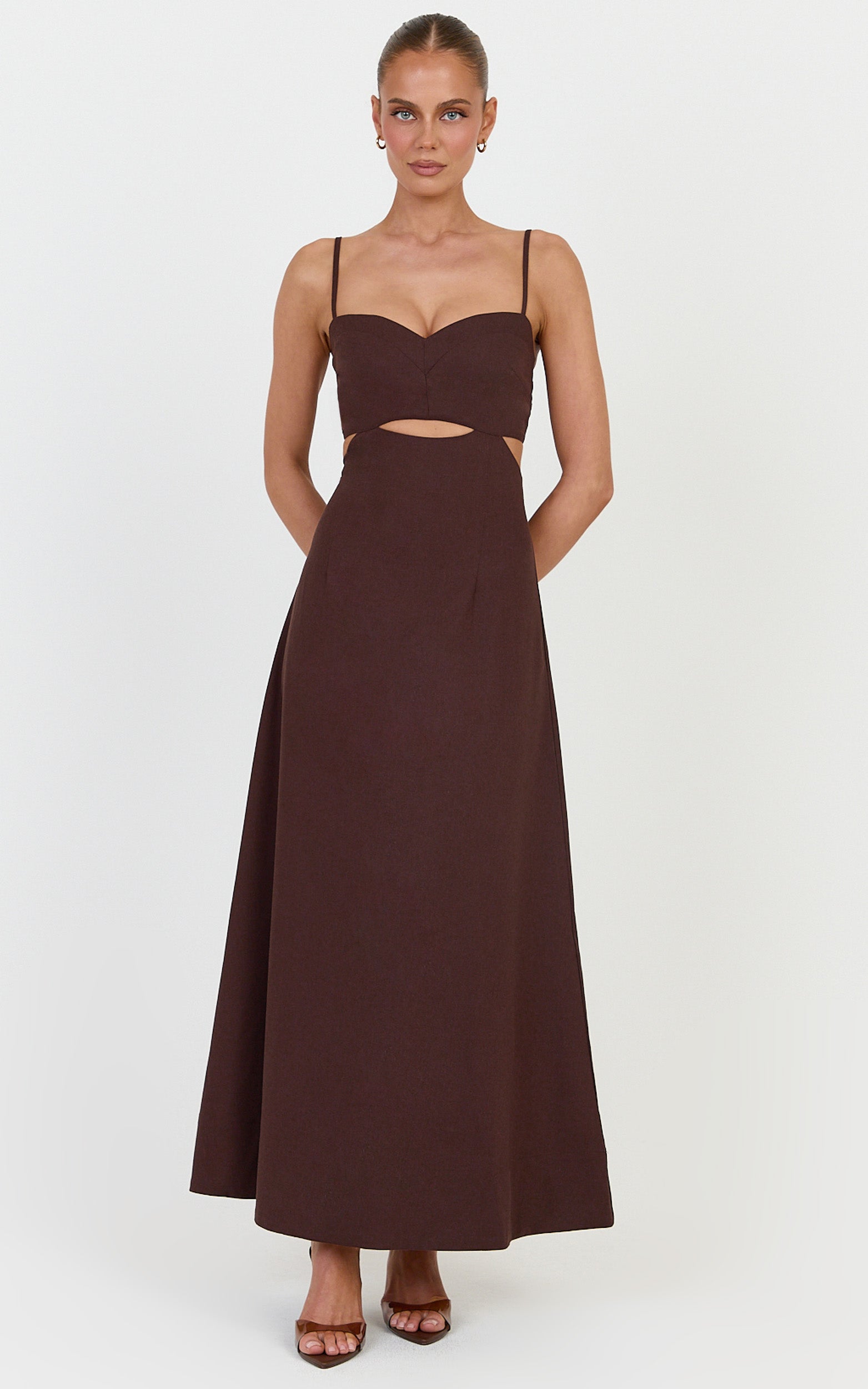 Elizabeth Midi Dress - Linen Blend Tie Back Cut Out Maxi Dress in Dark Chocolate