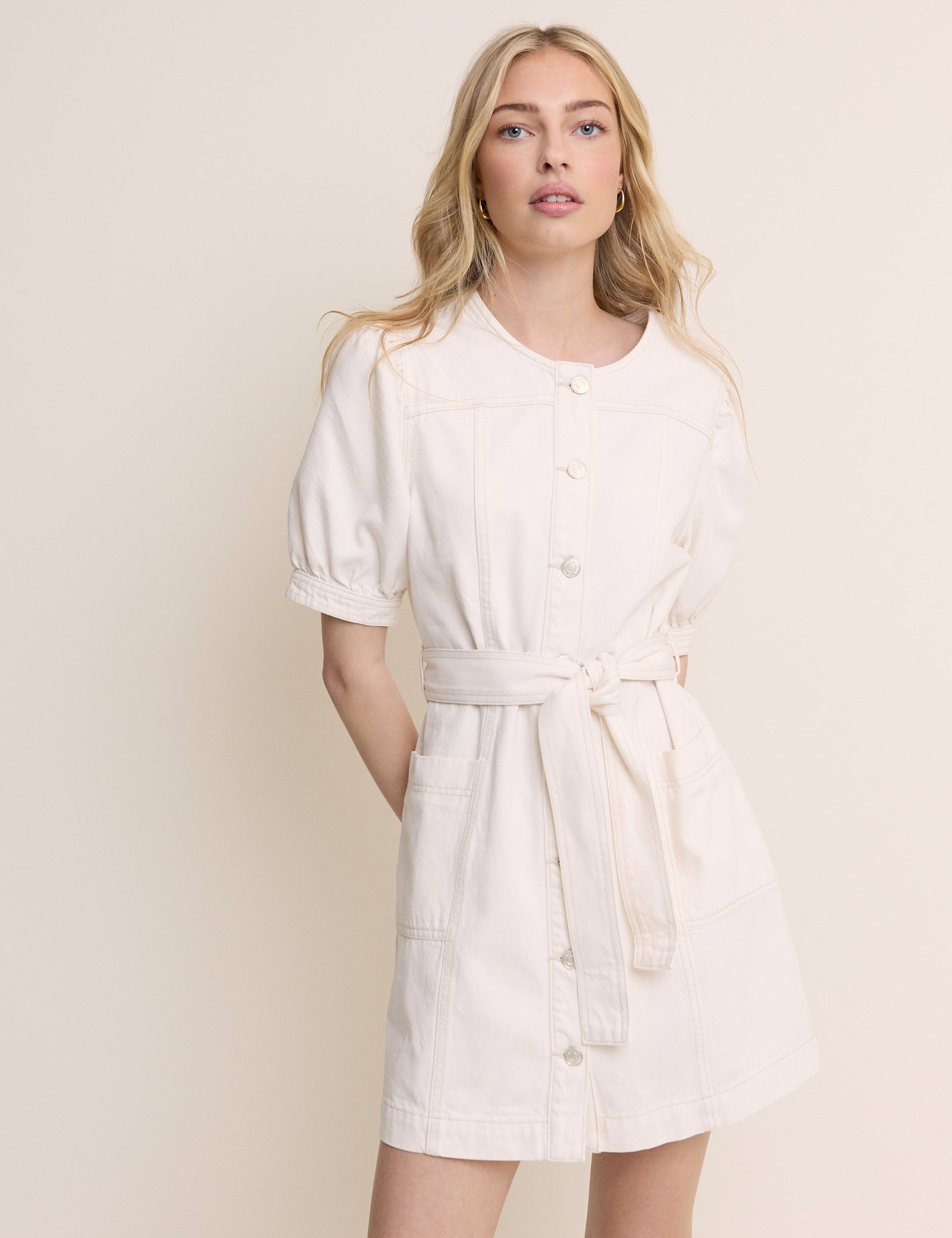 White Denim Puff Sleeve Hallie Mini Dress
