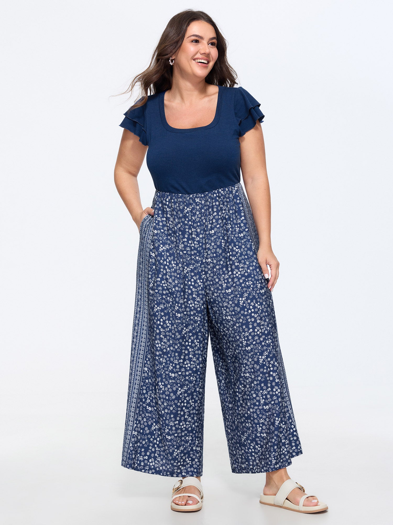 Floral Print Square Neck Wide Leg Jumpsuit