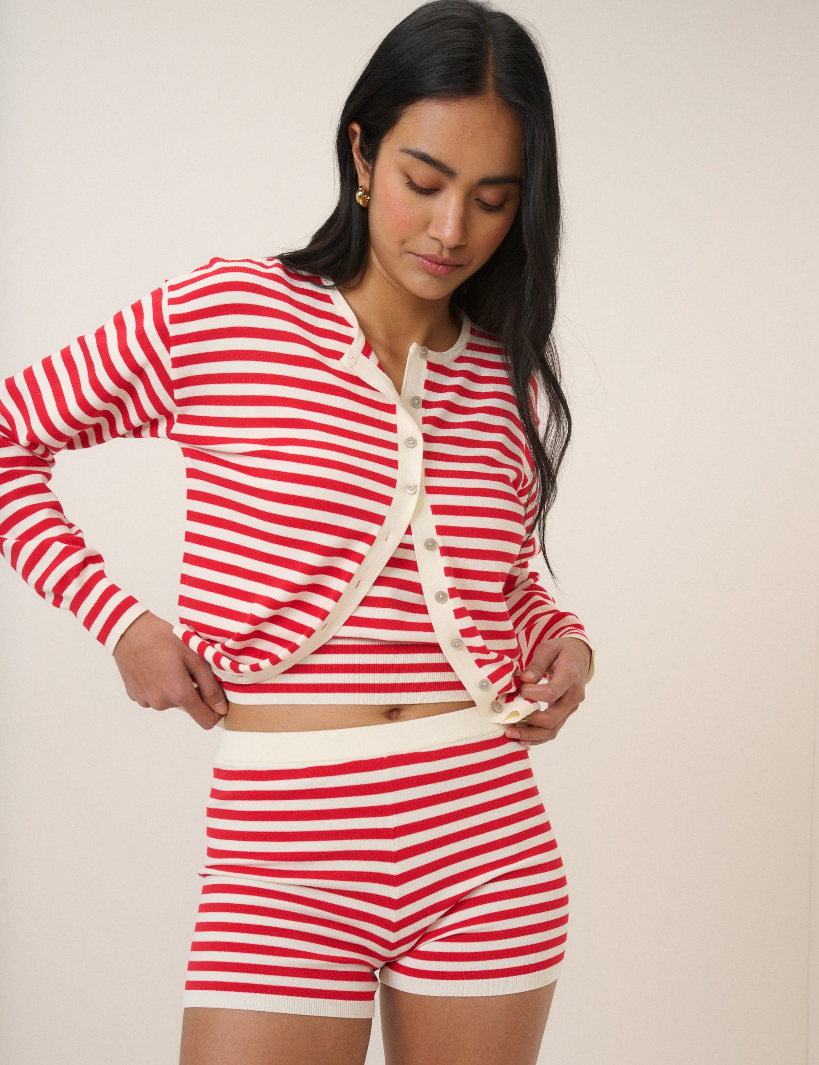 Red Striped Fine Knit Shorts