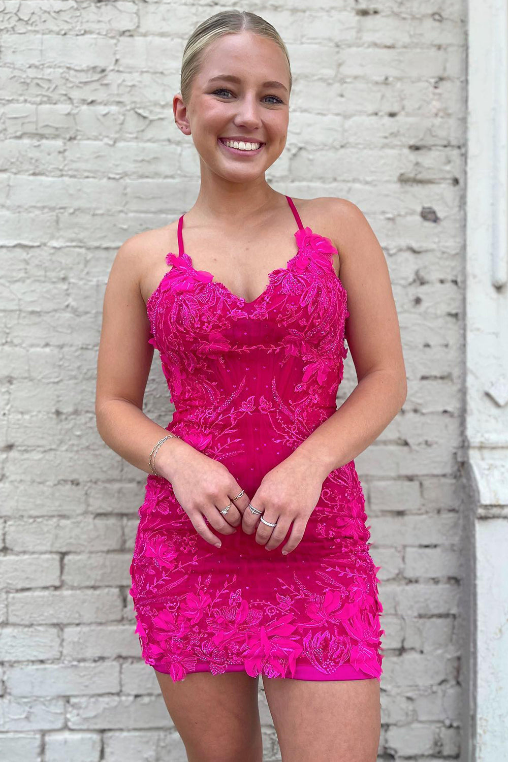 Sparkly Fuchsia Tight Short Homecoming Dress/Mini Dress with Appliques