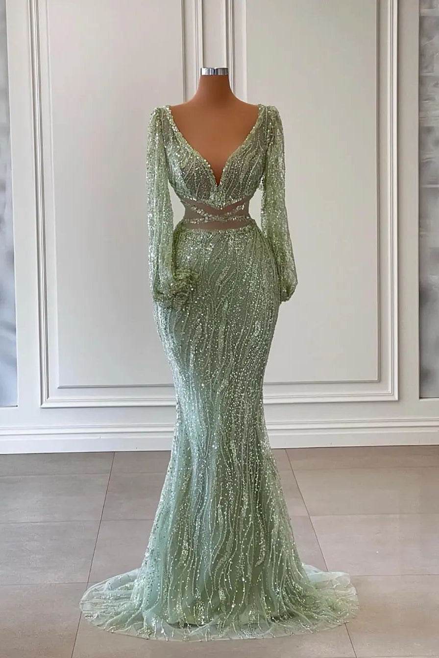 Light Green Long Sleeves V-Neck Evening Dress Mermaid With Sequins Beads