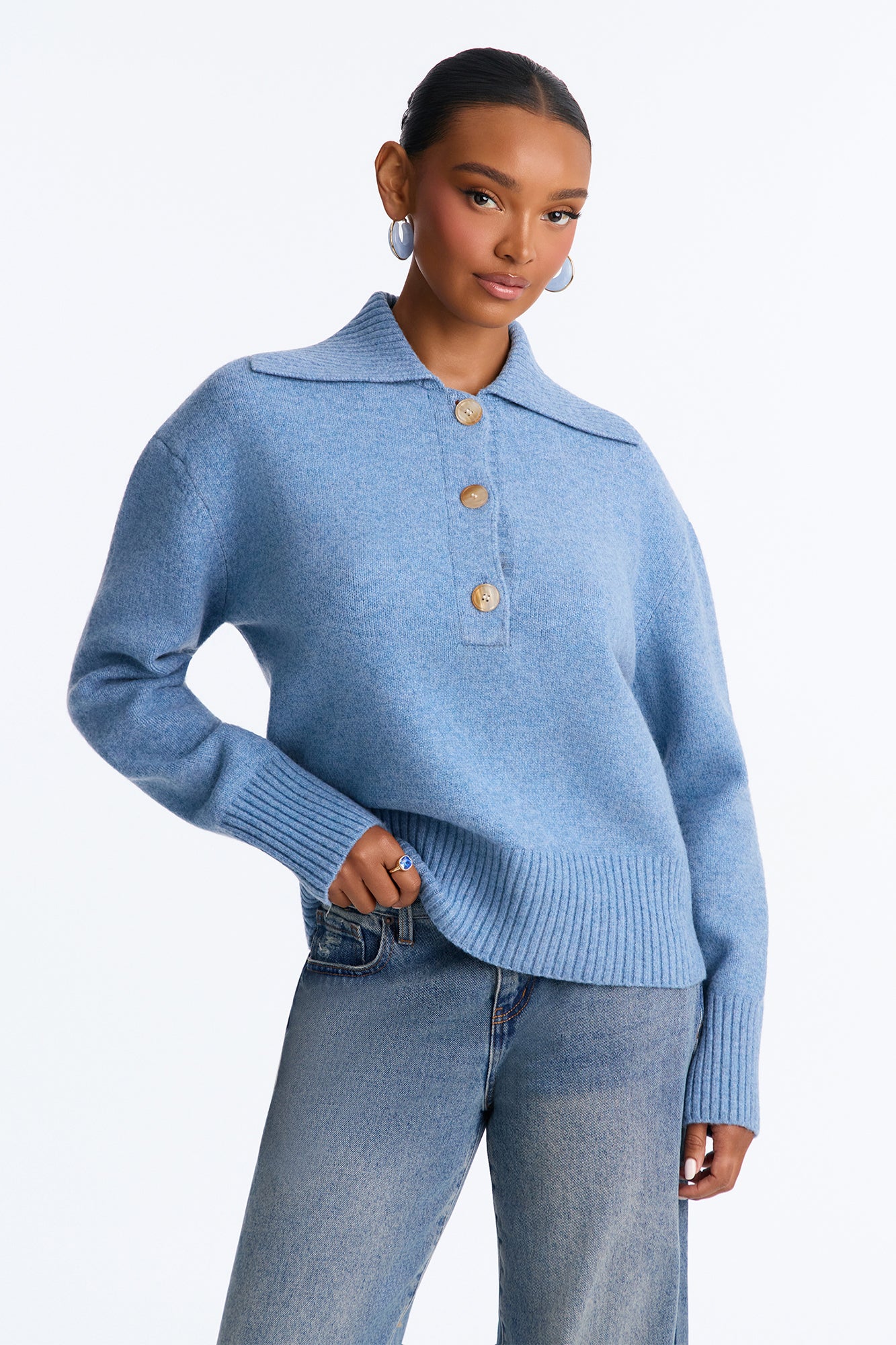Colored Leaves Button Up Pullover Sweater - Blue
