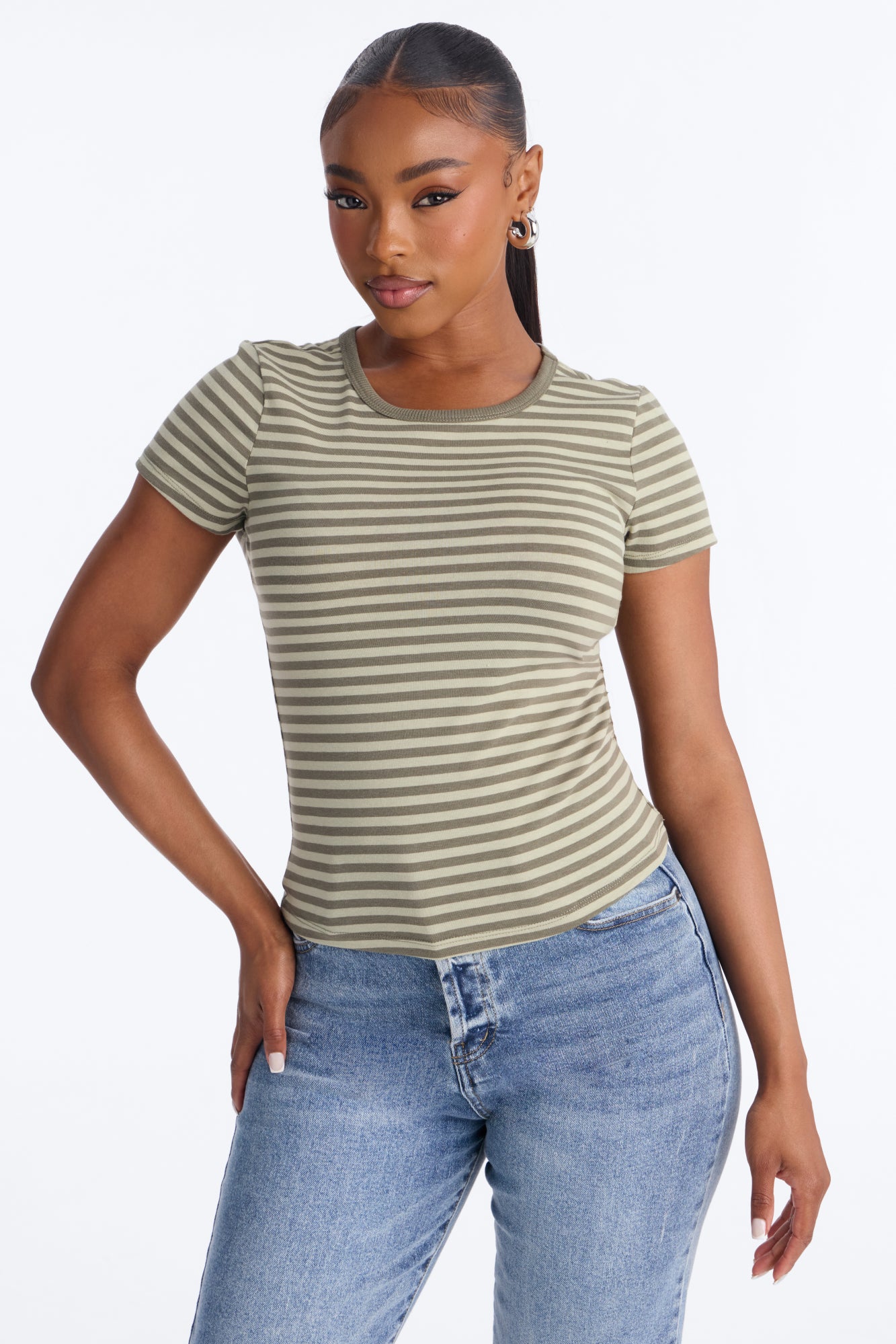 Taylor Striped Crew Neck Short Sleeve Top - Green/combo