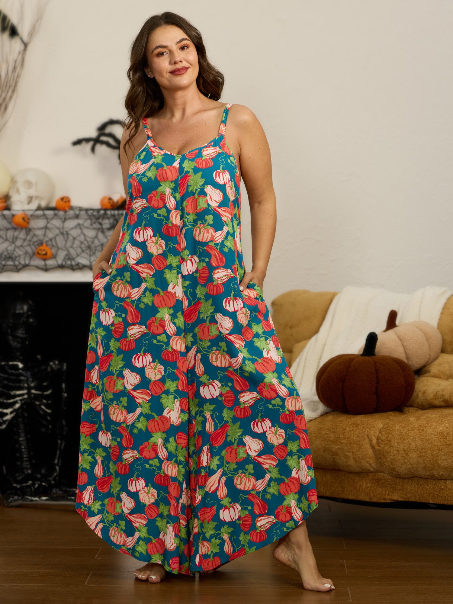 Supersoft Colorful Pumpkin Print Backless Lounge Jumpsuit
