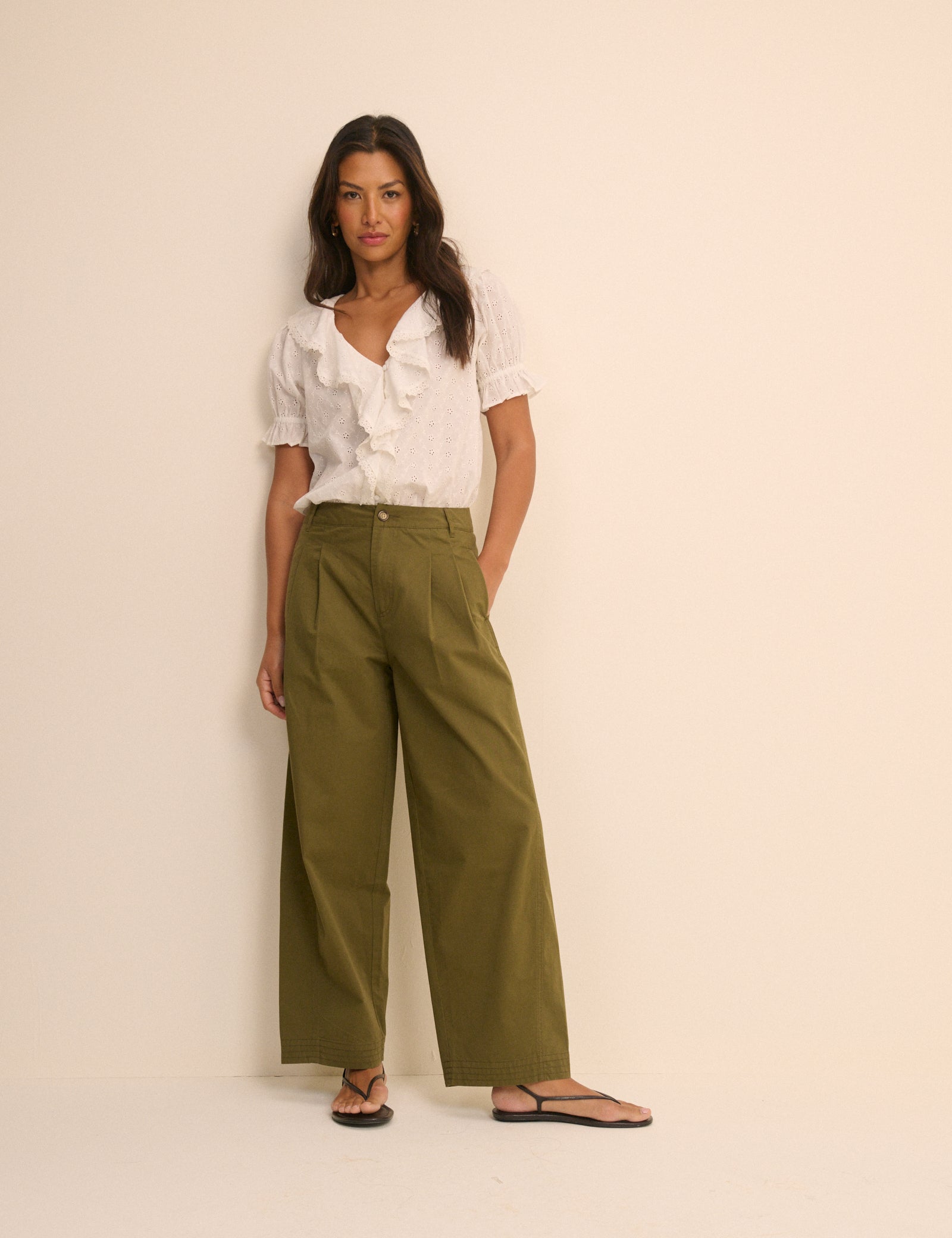 Khaki Pleated Subtle Barrel Trousers