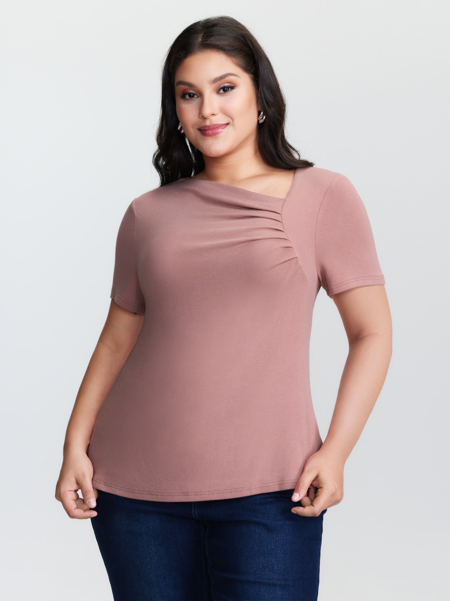Stretchy Gathered Side Neckline Knit Top