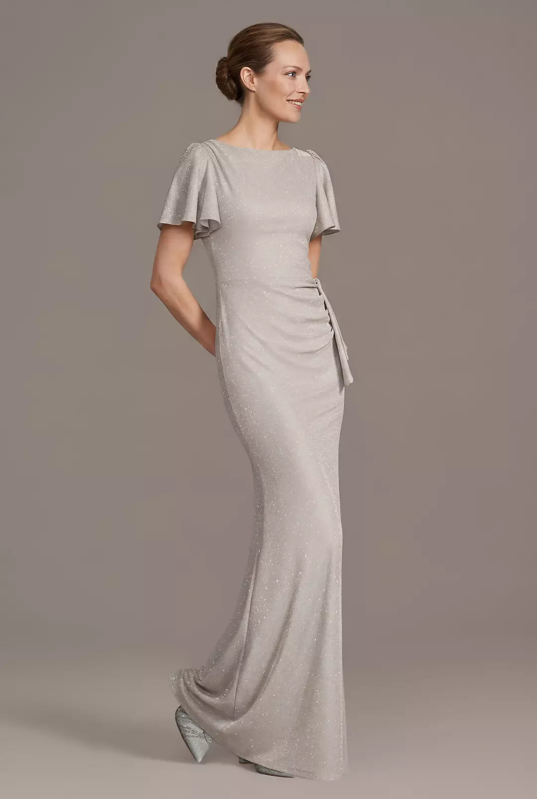 Glitter Mesh High Neck Flutter Sleeve Sheath Dress