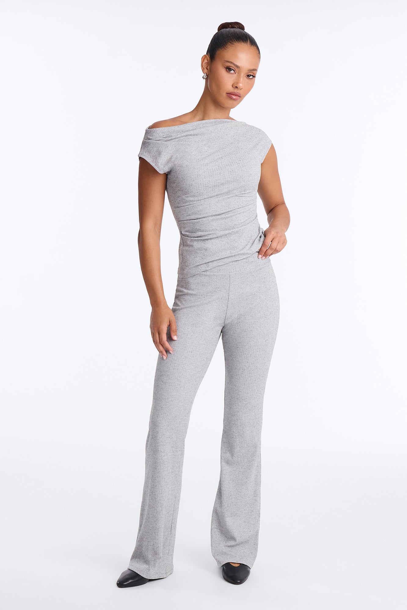 Karina Off Shoulder Ribbed Pant Set - Heather Grey