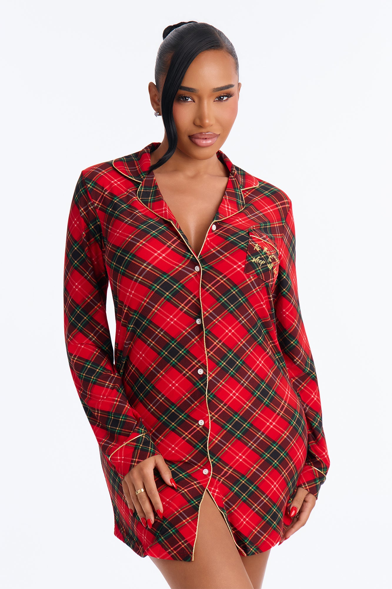 Hot Cocoa Night Plaid PJ Button Up Shirt - Red/combo