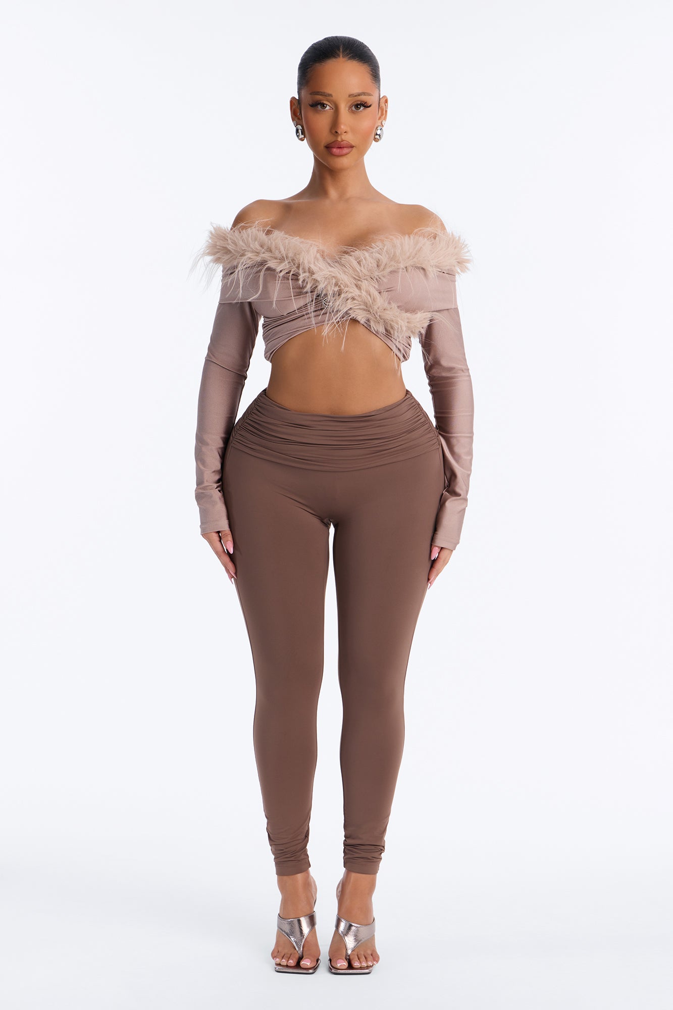 Second Skin Double Lined Ruched Foldover Leggings - Brown