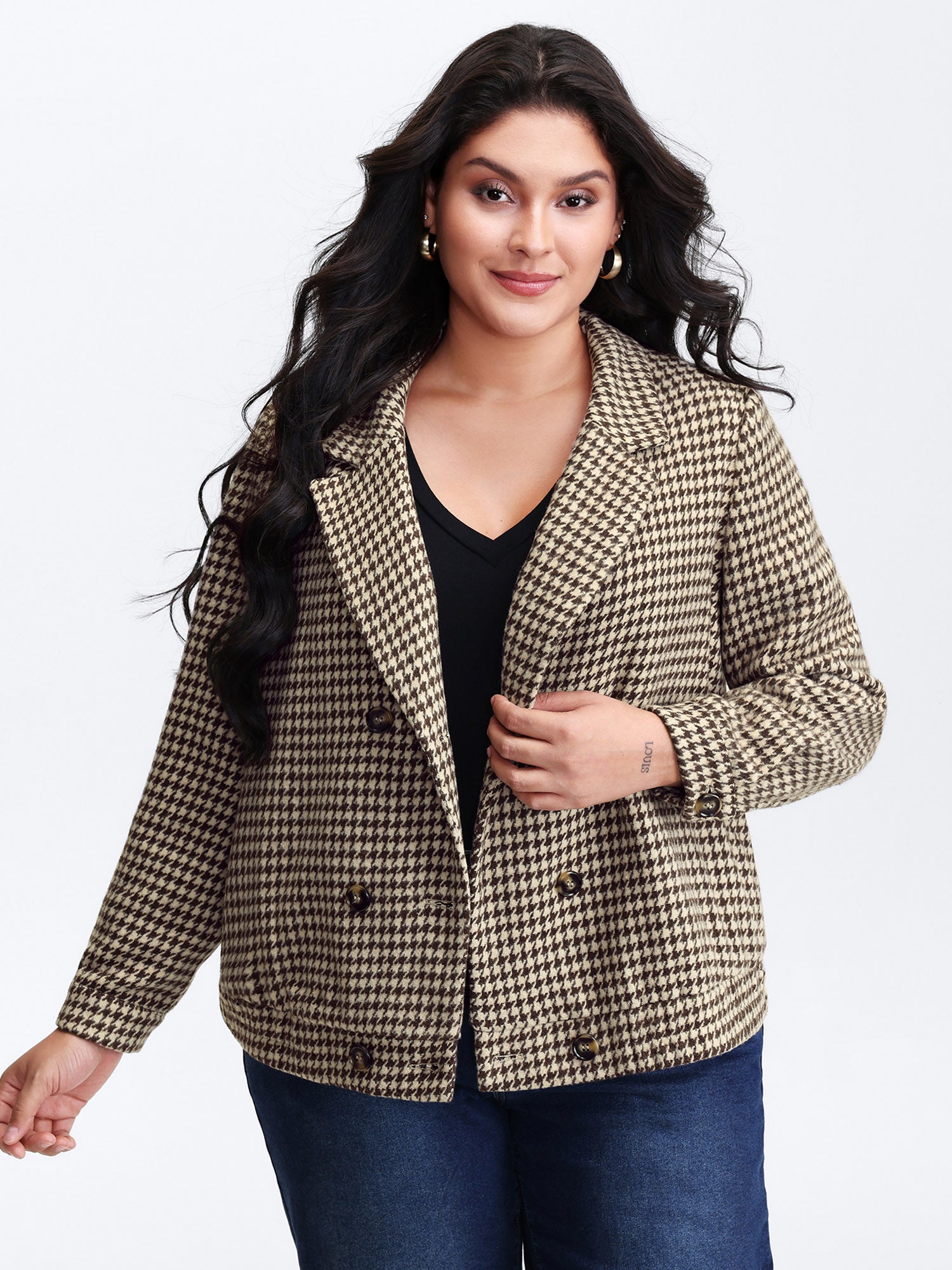 Houndstooth Fleece Pockets Button Coat