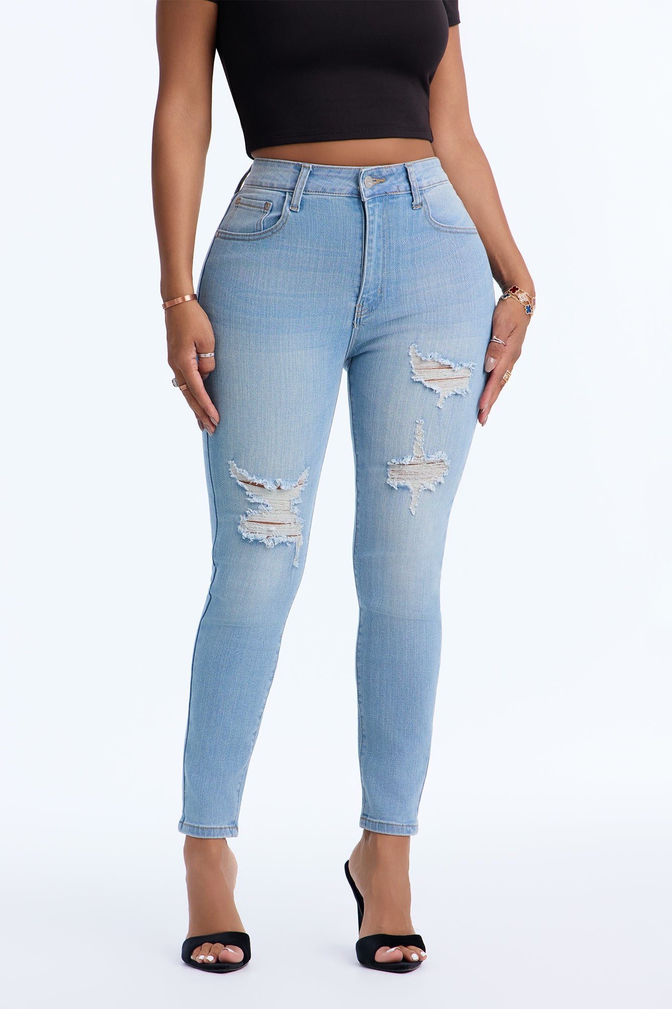 Get It Going High Rise Ripped Skinny Jeans - Light Wash