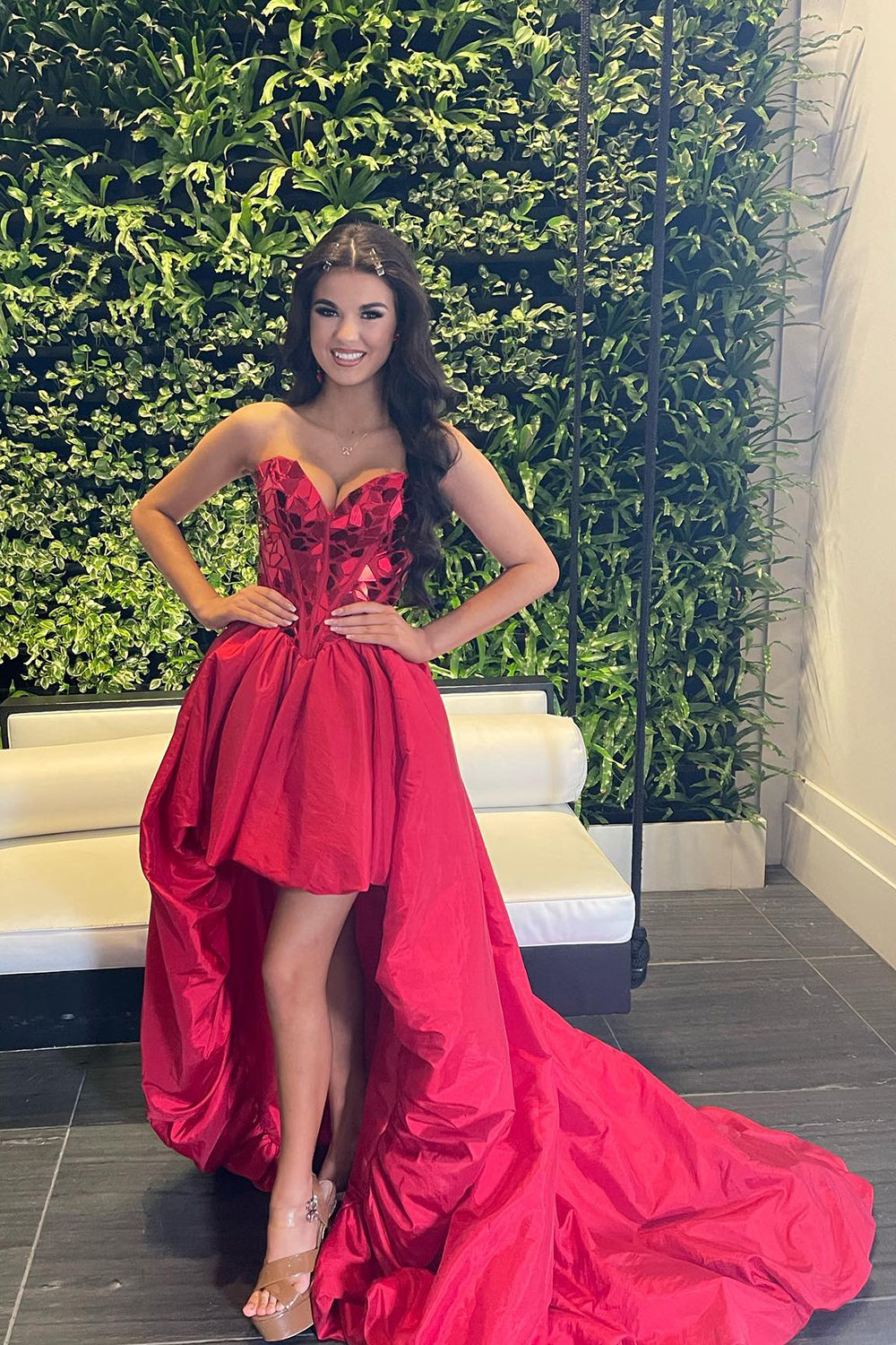 Red Mirror Strapless Corset High Low Homecoming Dress/Mini Dress