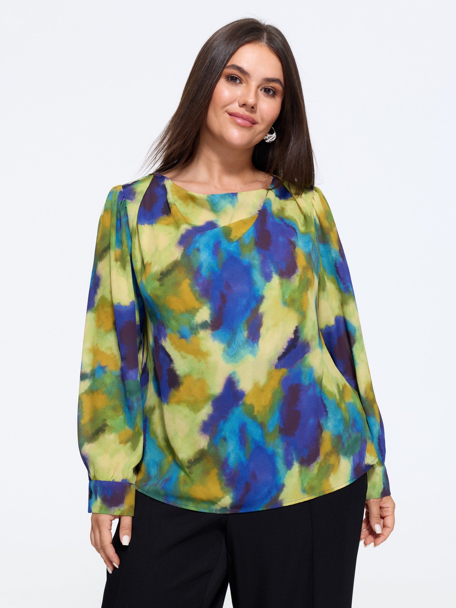 Watercolor Abstract Print Boat Neck Blouse