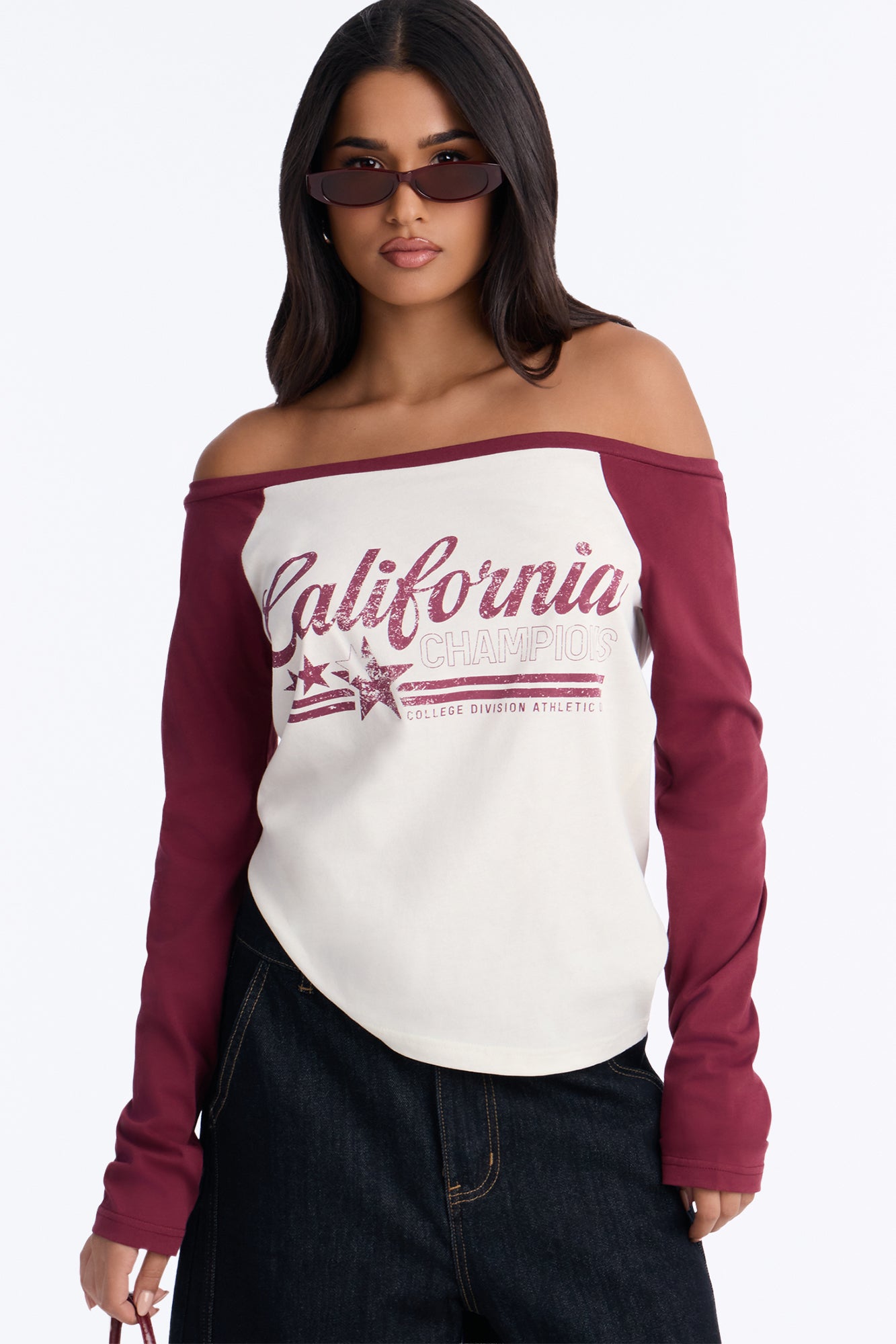 California Vibes Off Shoulder Raglan Tee - Burgundy