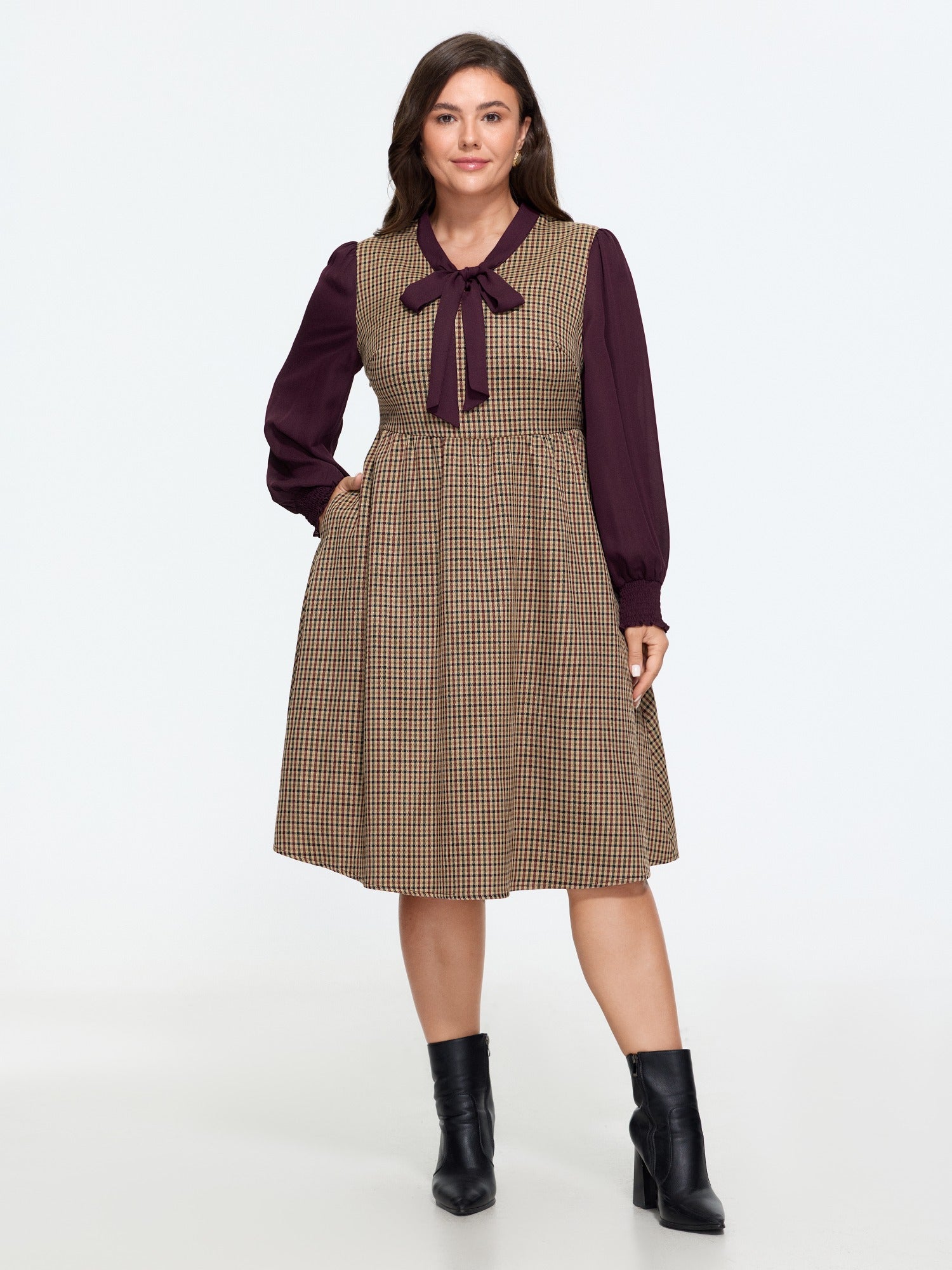 Plaid Bow Tie Front Color Contrast Mini Dress