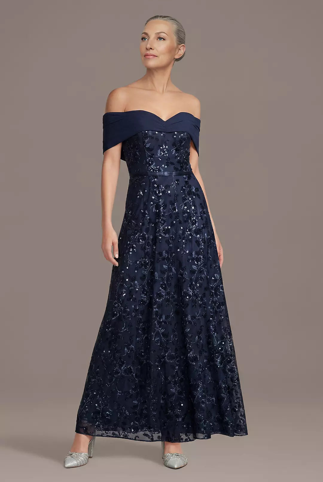 Off-the-Shoulder Embellished Chiffon A-Line Dress